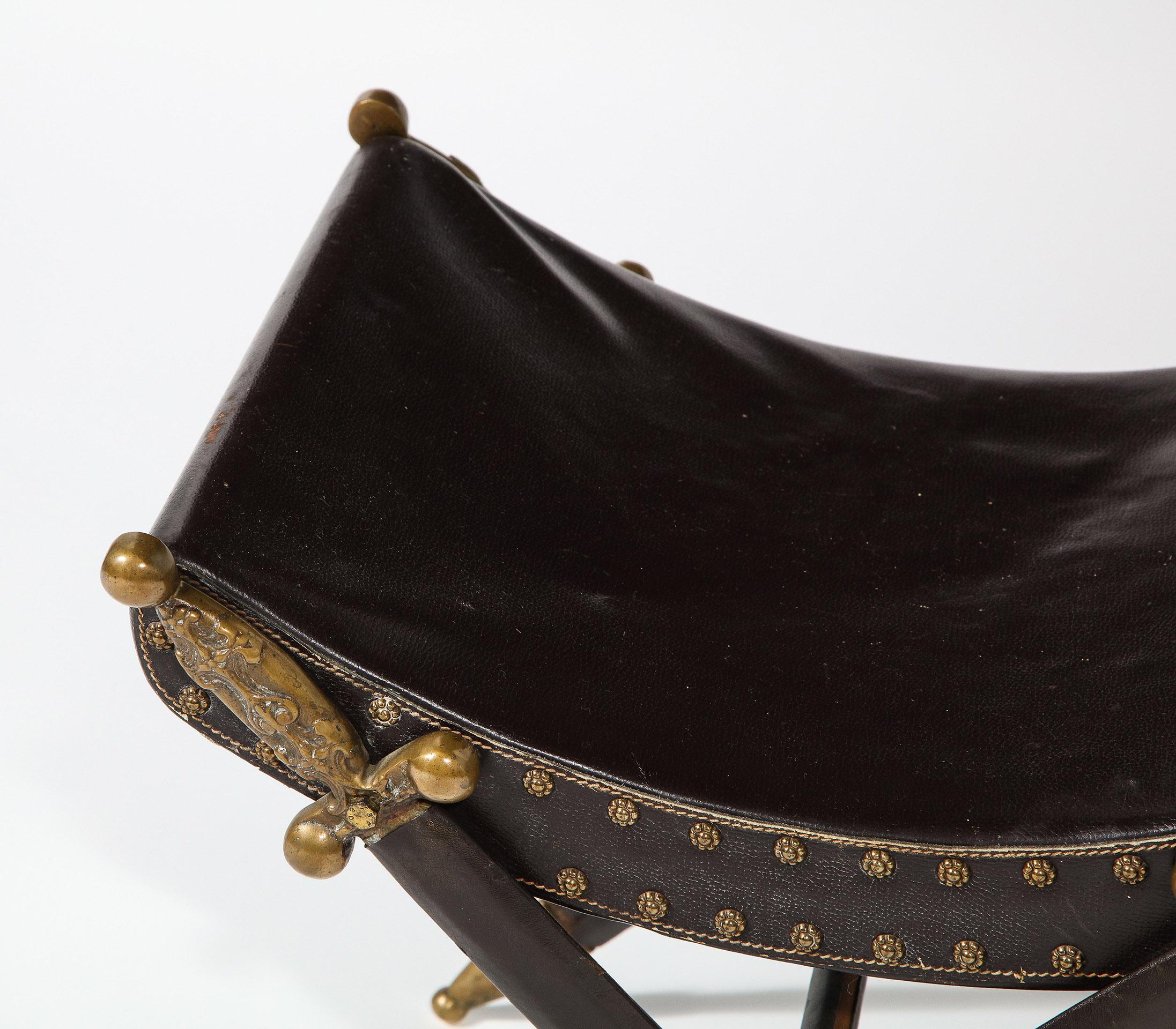 20th Century French Neoclassical Steel, Brass, and Leather Crossed Swords Bench