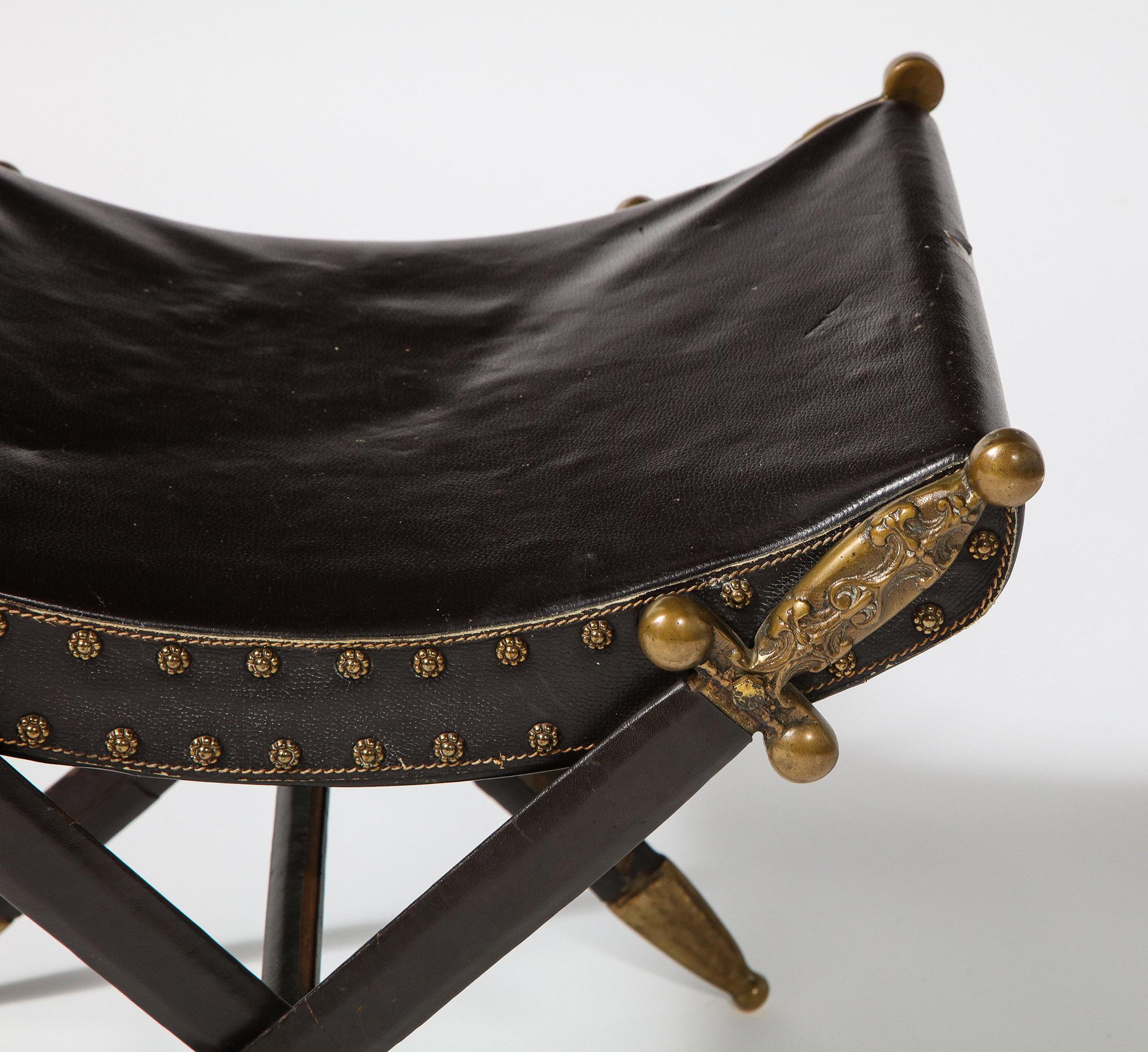 French Neoclassical Steel, Brass, and Leather Crossed Swords Bench 1