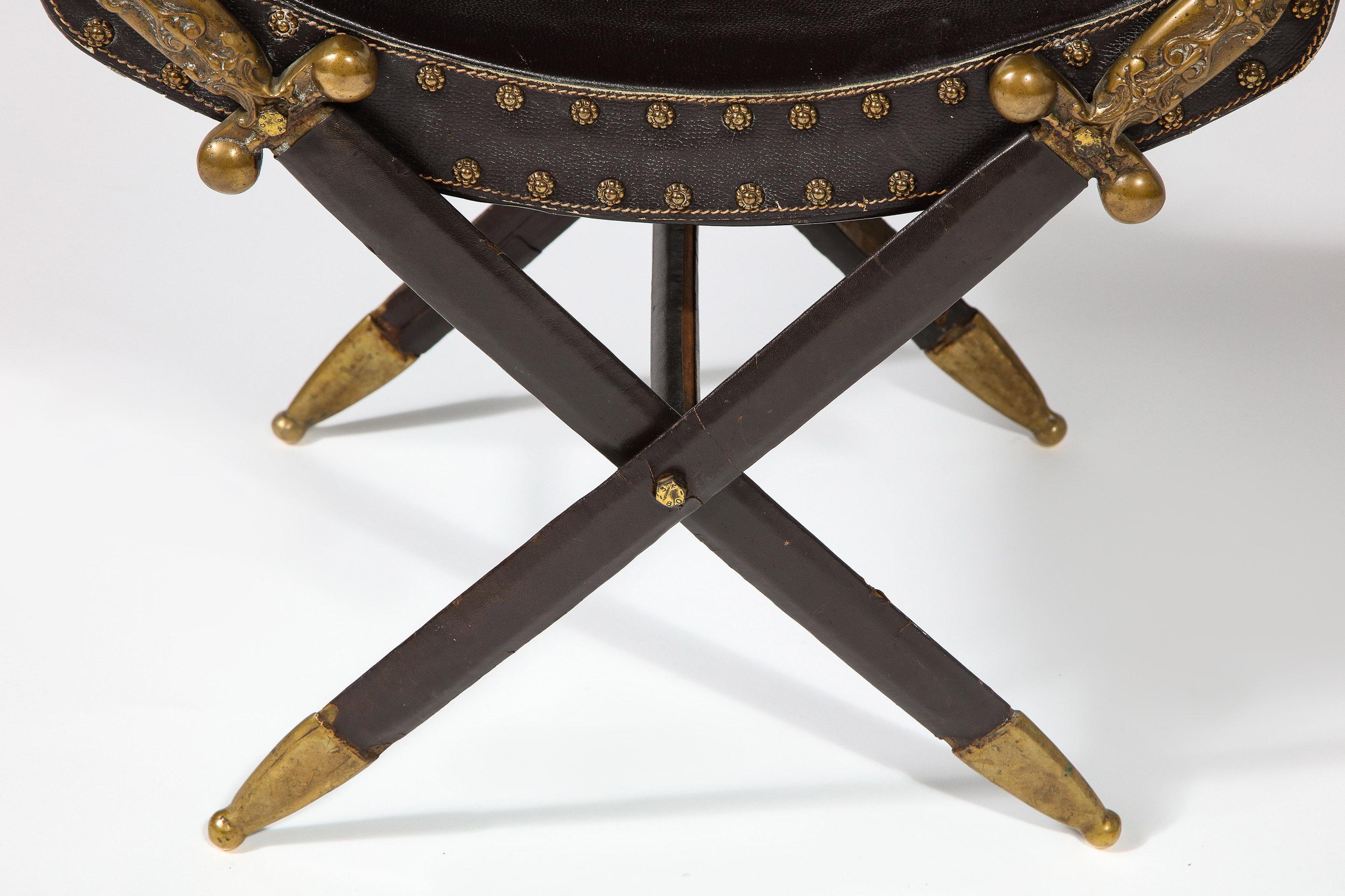 French Neoclassical Steel, Brass, and Leather Crossed Swords Bench 2