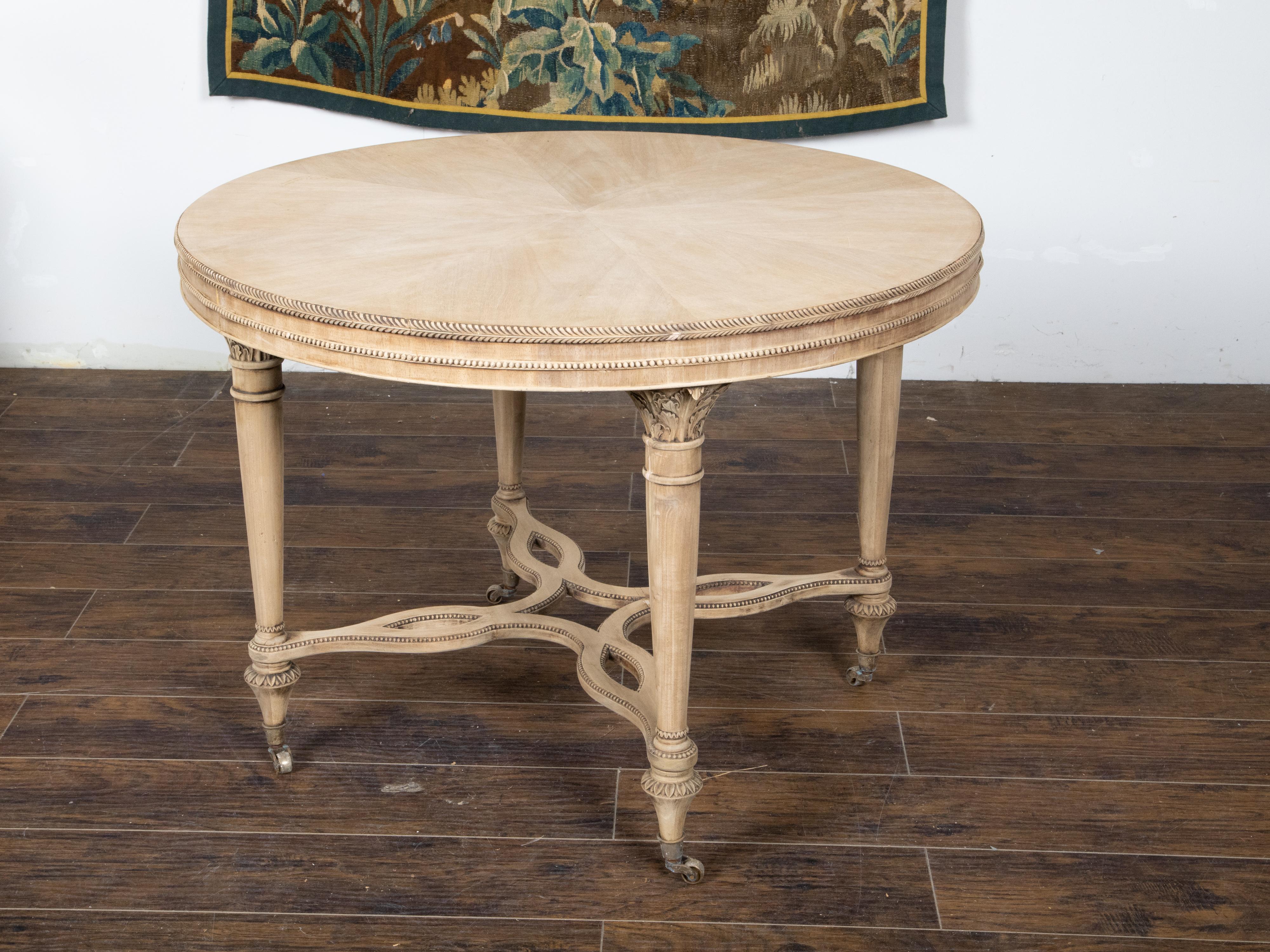 French Neoclassical Style 1920s Bleached Walnut Round Table with Carved Décor 1