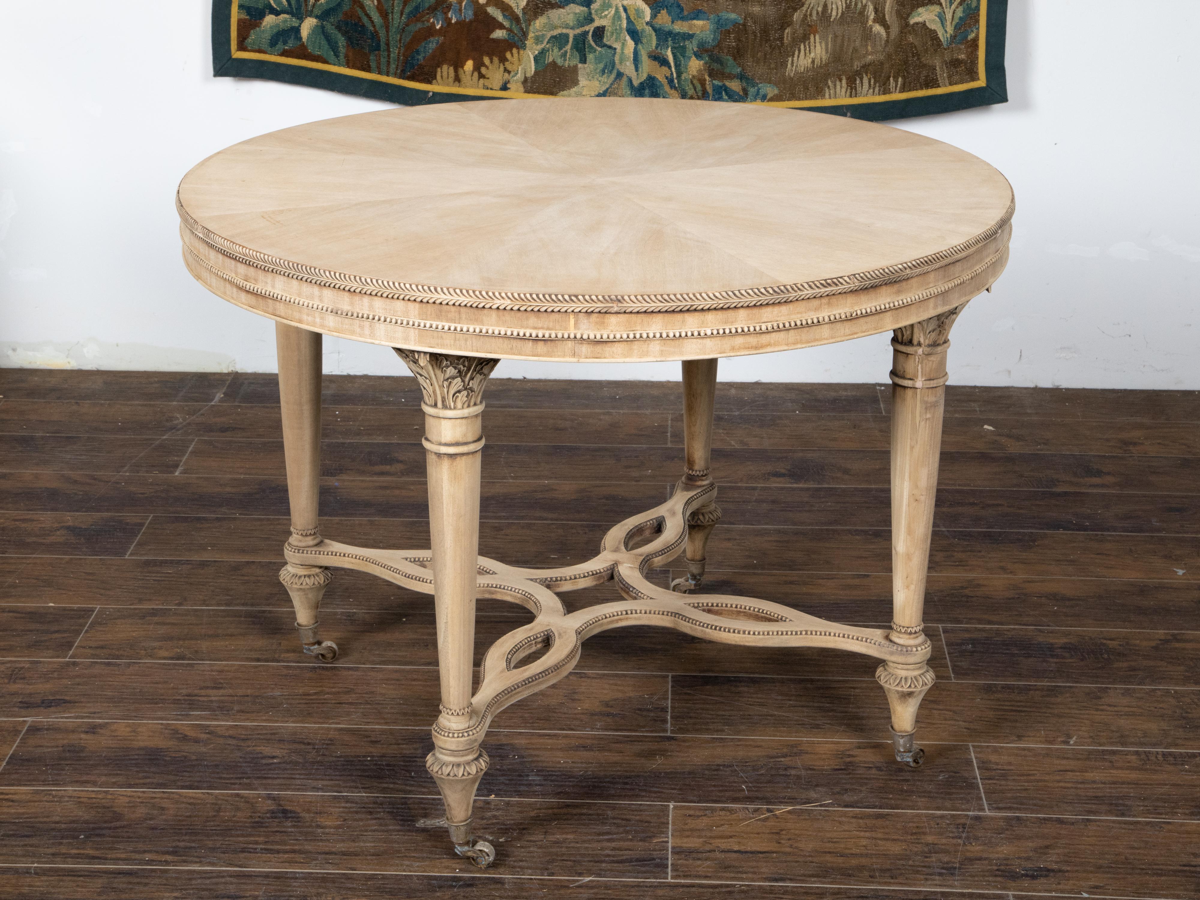 French Neoclassical Style 1920s Bleached Walnut Round Table with Carved Décor 3