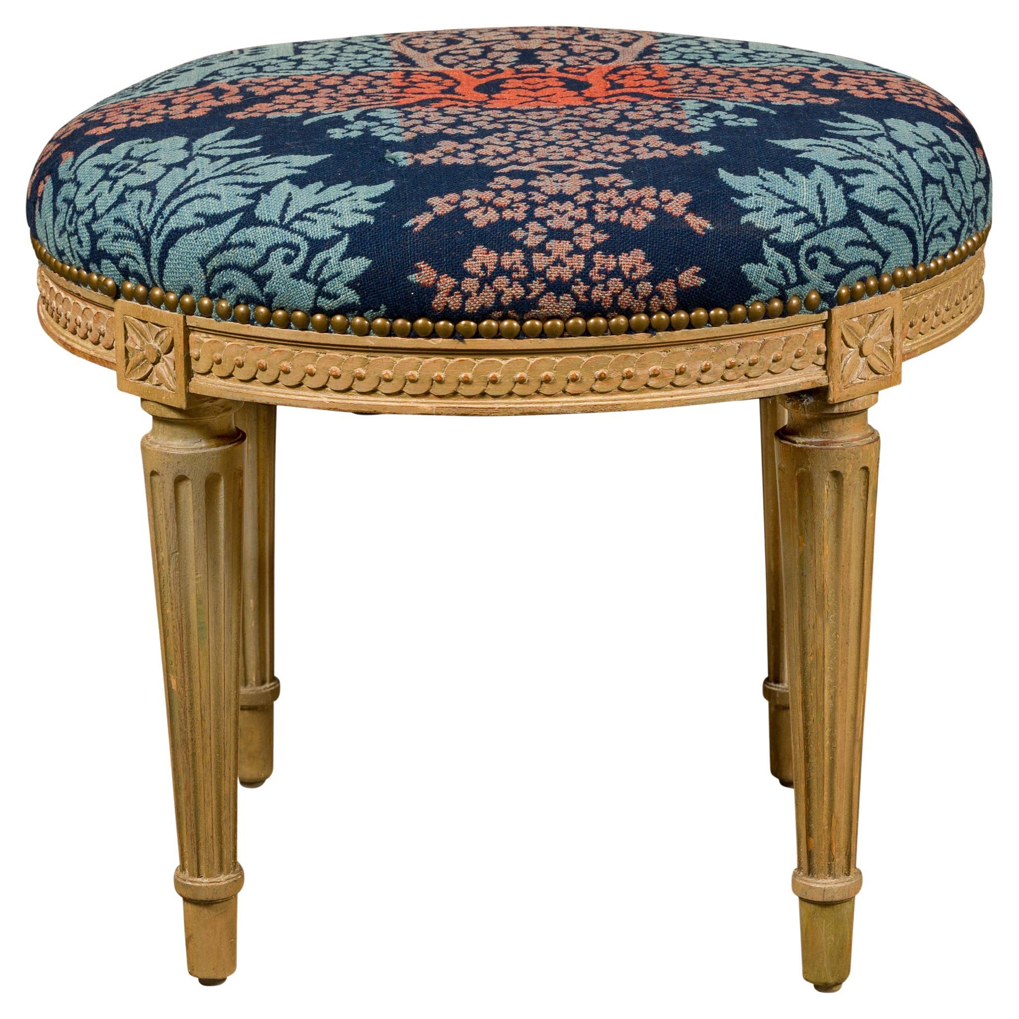 French Neoclassical Style 1920s Painted Stool with Carved Apron and Fluted Legs