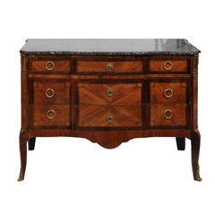 French Neoclassical Style 1920s Three-Drawer Marquetry Commode with Marble Top