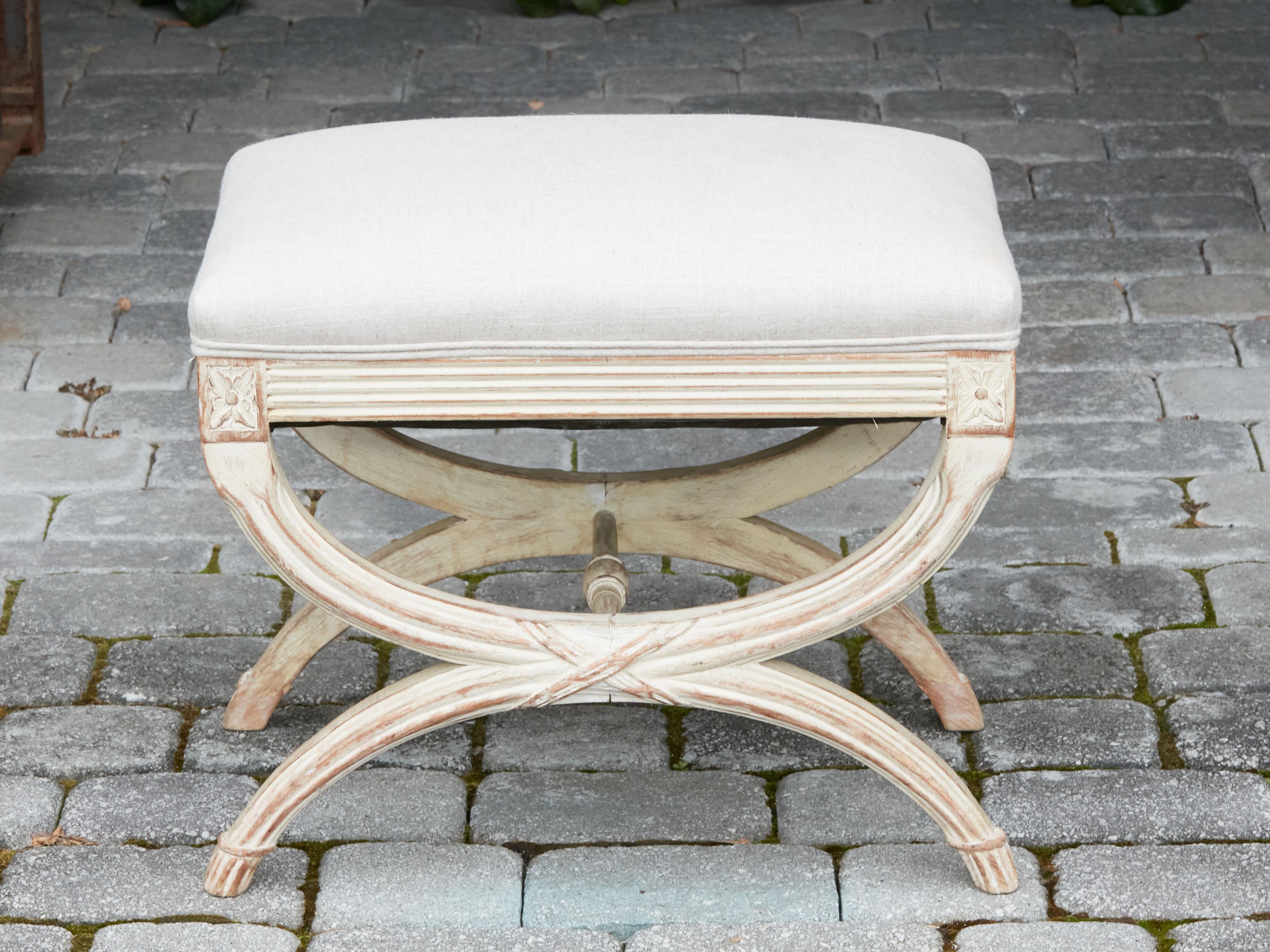 French Neoclassical Style 1930s Curule Stool with X-Form Base and Upholstery 5