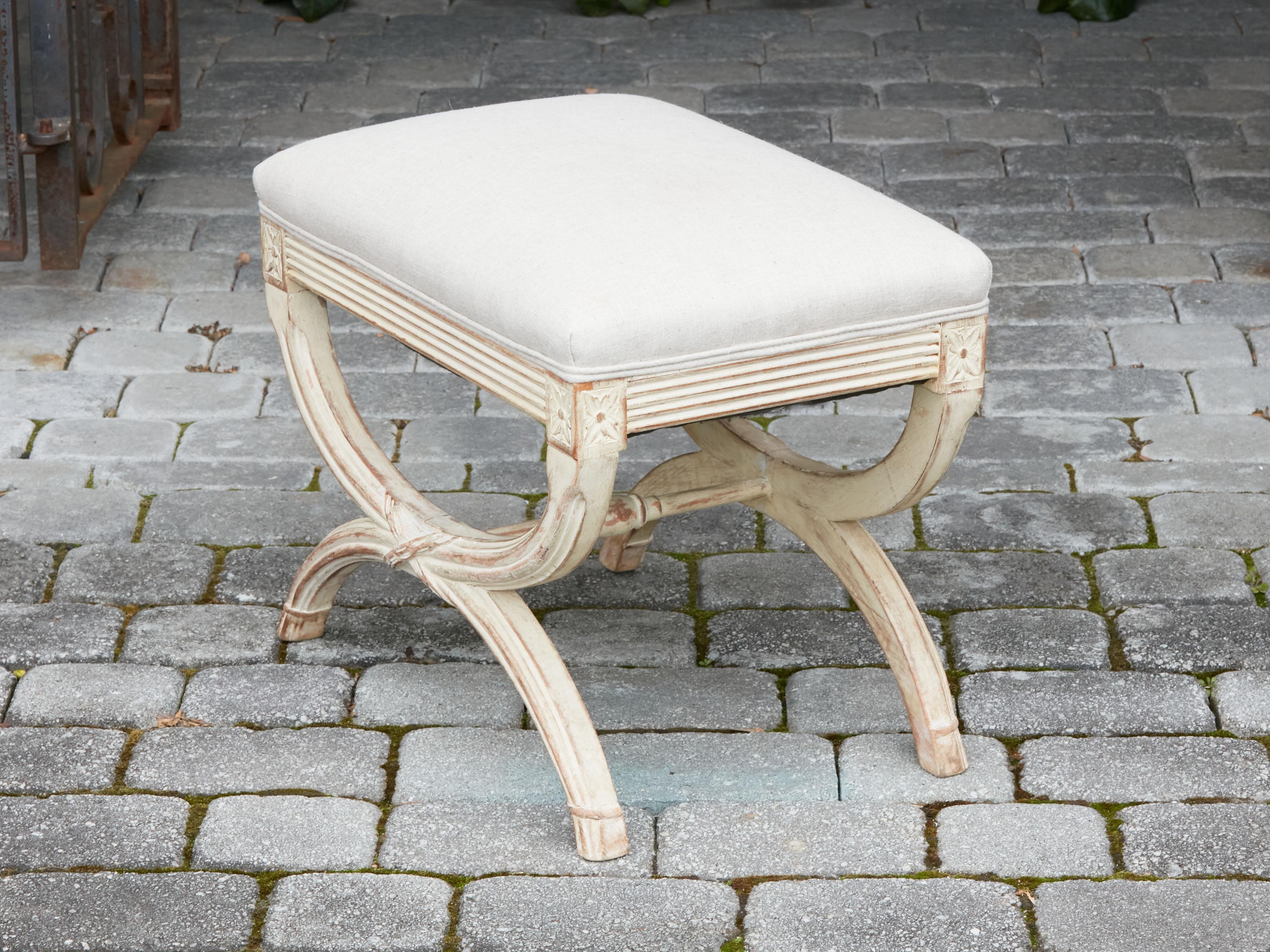 French Neoclassical Style 1930s Curule Stool with X-Form Base and Upholstery 6