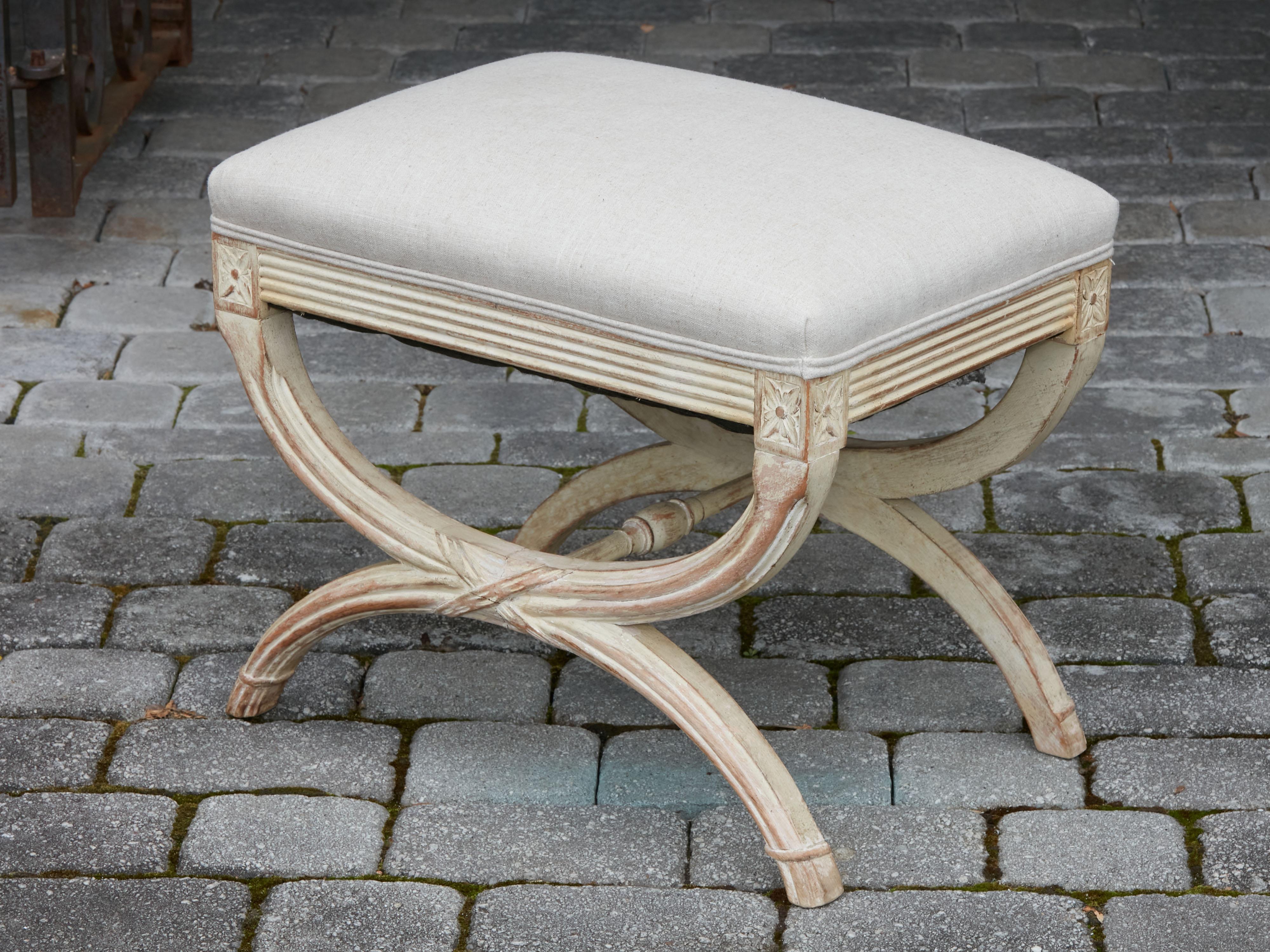 French Neoclassical Style 1930s Curule Stool with X-Form Base and Upholstery 8