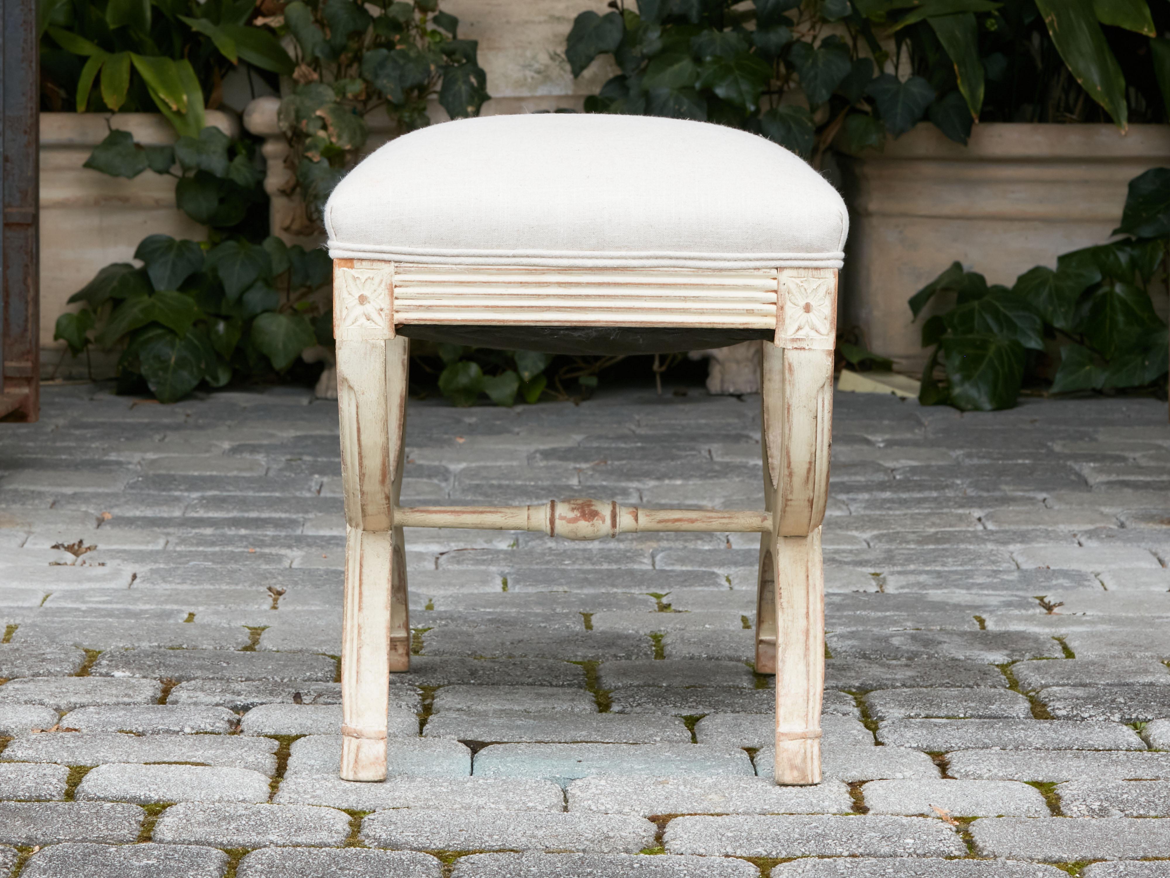 Carved French Neoclassical Style 1930s Curule Stool with X-Form Base and Upholstery
