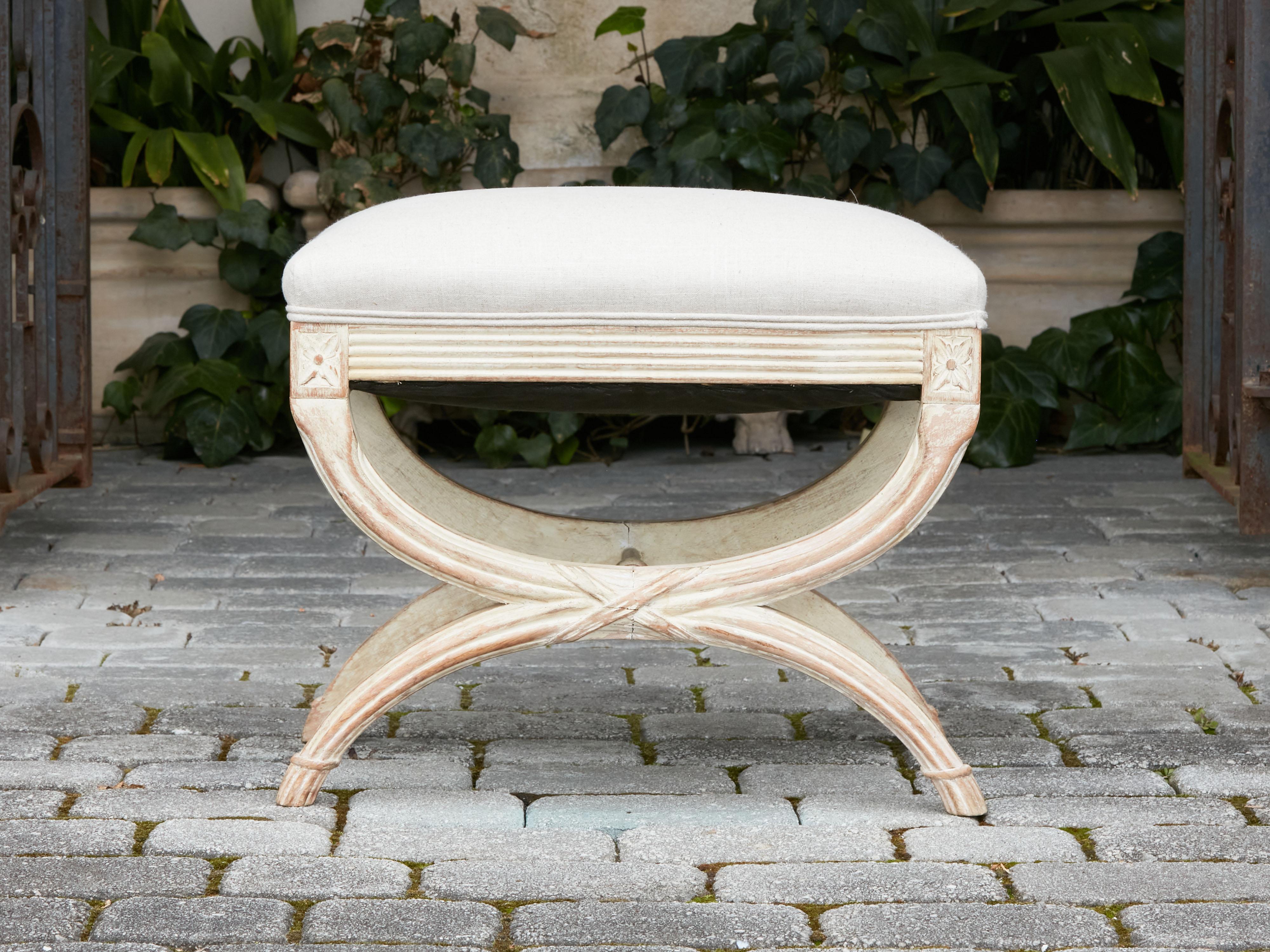 French Neoclassical Style 1930s Curule Stool with X-Form Base and Upholstery In Good Condition In Atlanta, GA