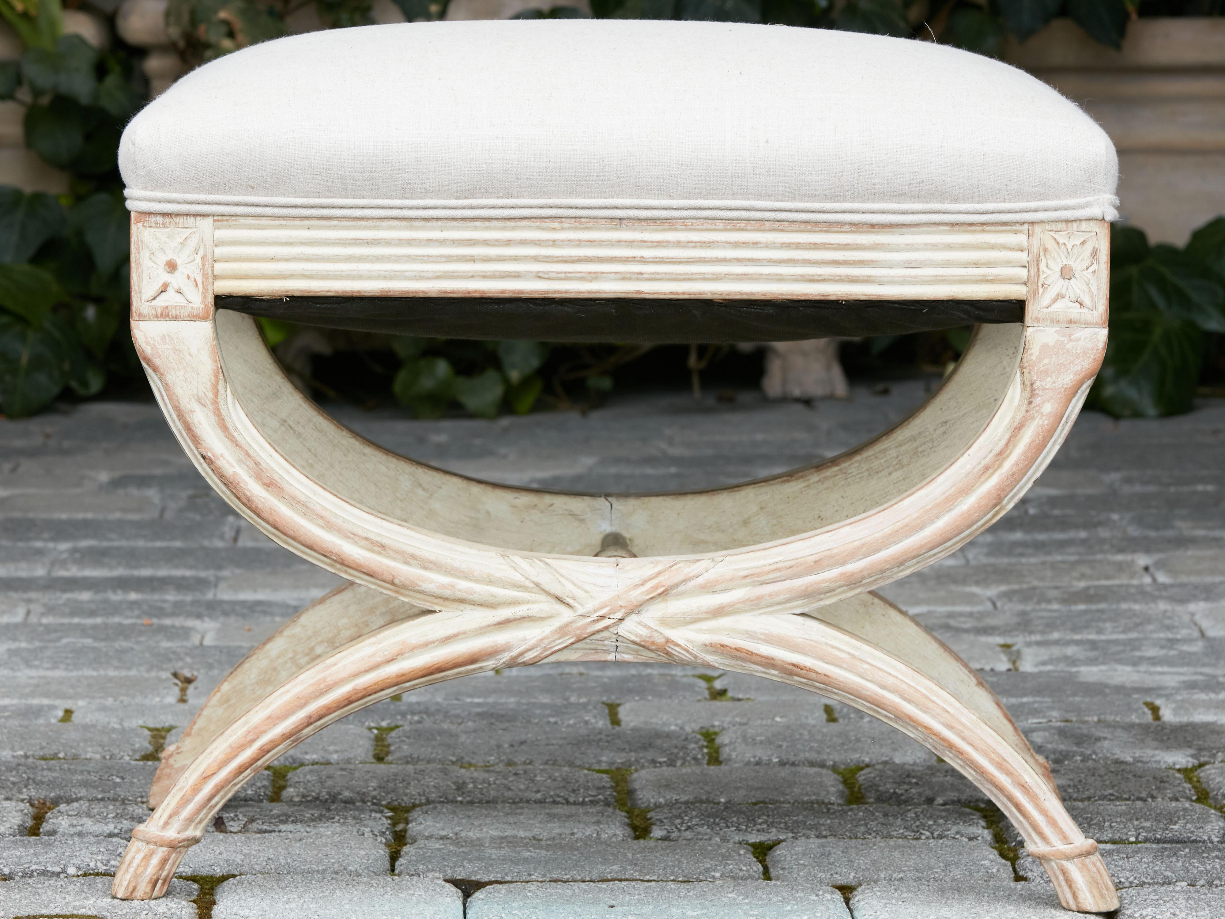 20th Century French Neoclassical Style 1930s Curule Stool with X-Form Base and Upholstery