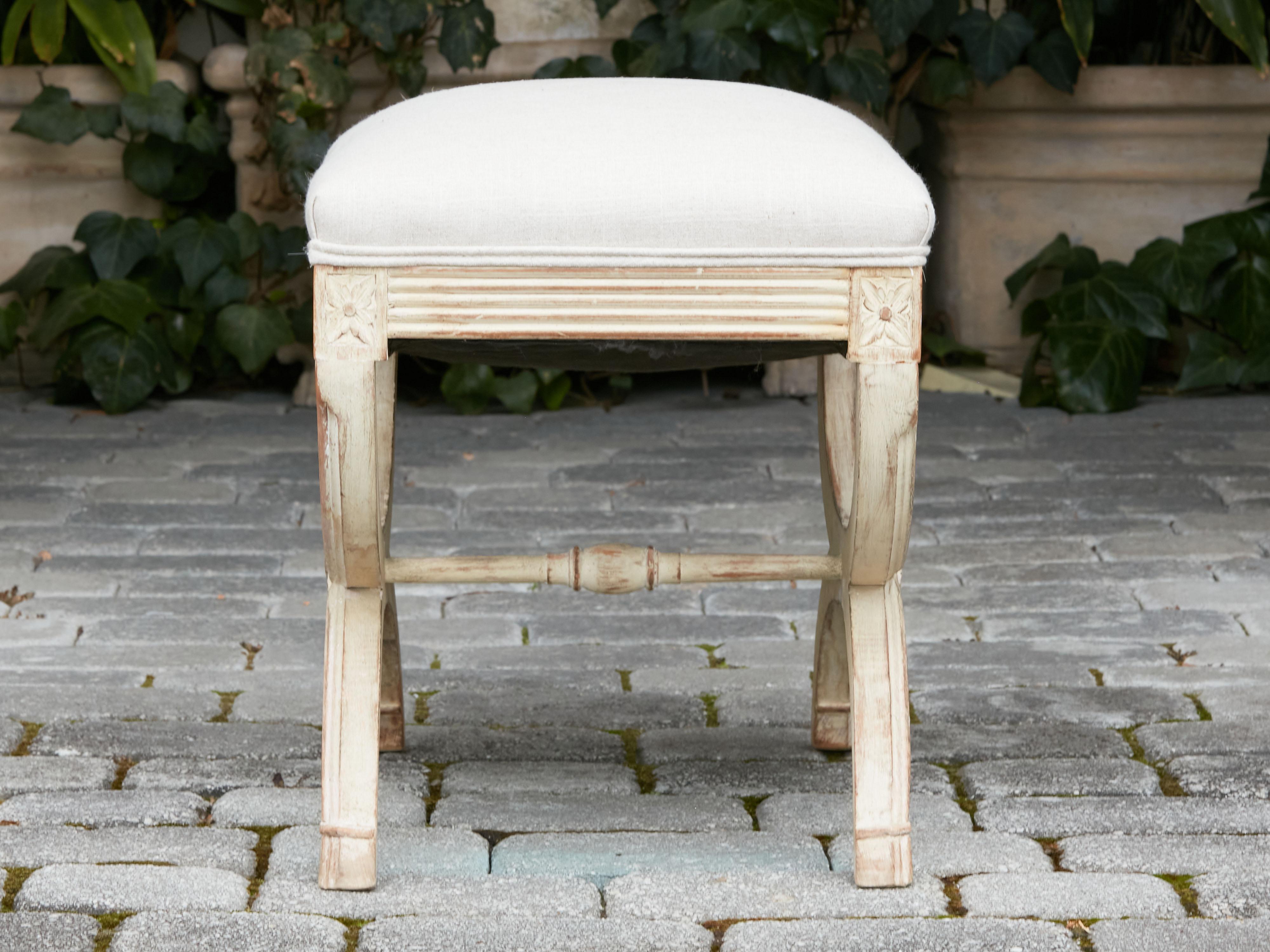 French Neoclassical Style 1930s Curule Stool with X-Form Base and Upholstery 1