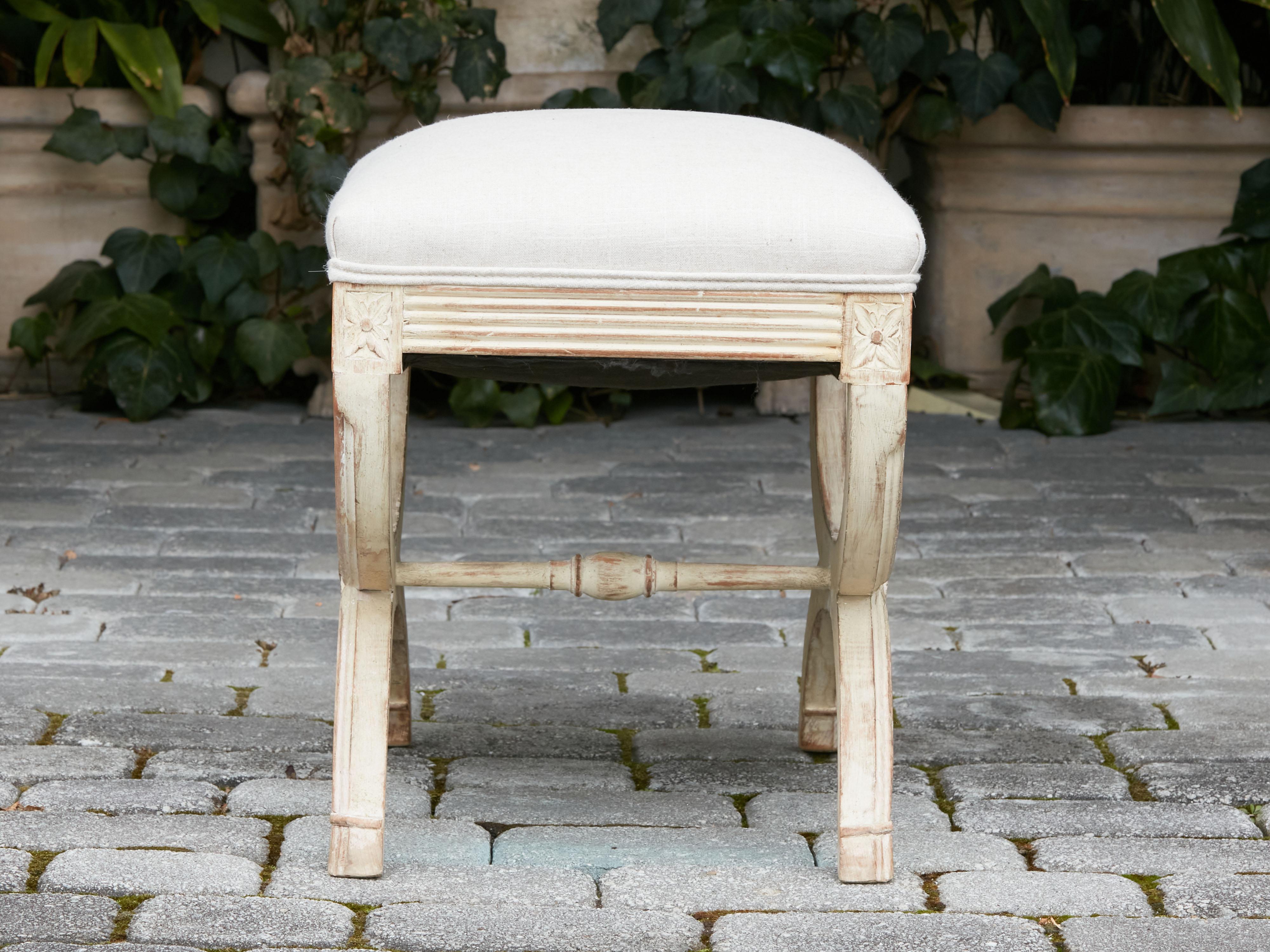 French Neoclassical Style 1930s Curule Stool with X-Form Base and Upholstery 2