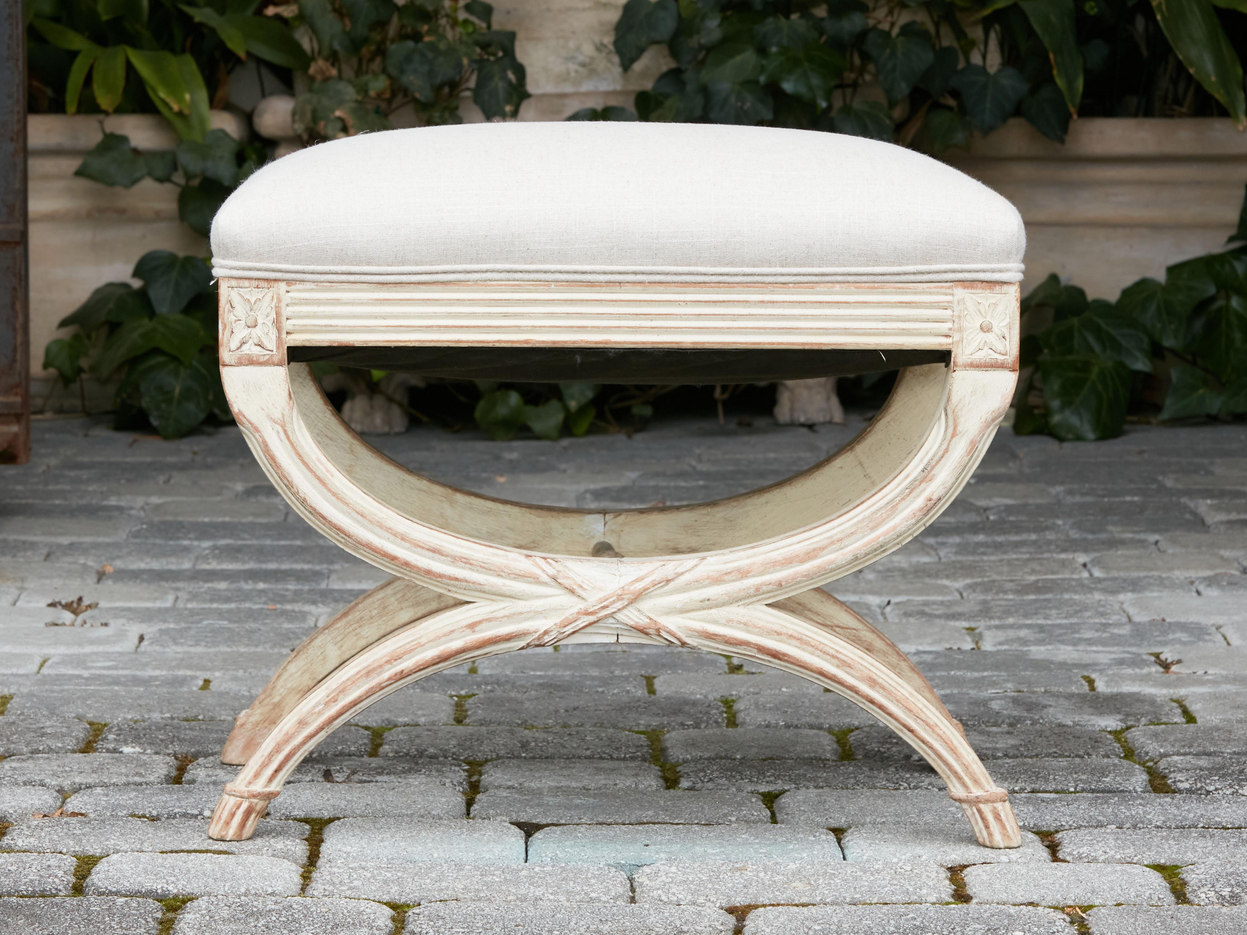 French Neoclassical Style 1930s Curule Stool with X-Form Base and Upholstery 3