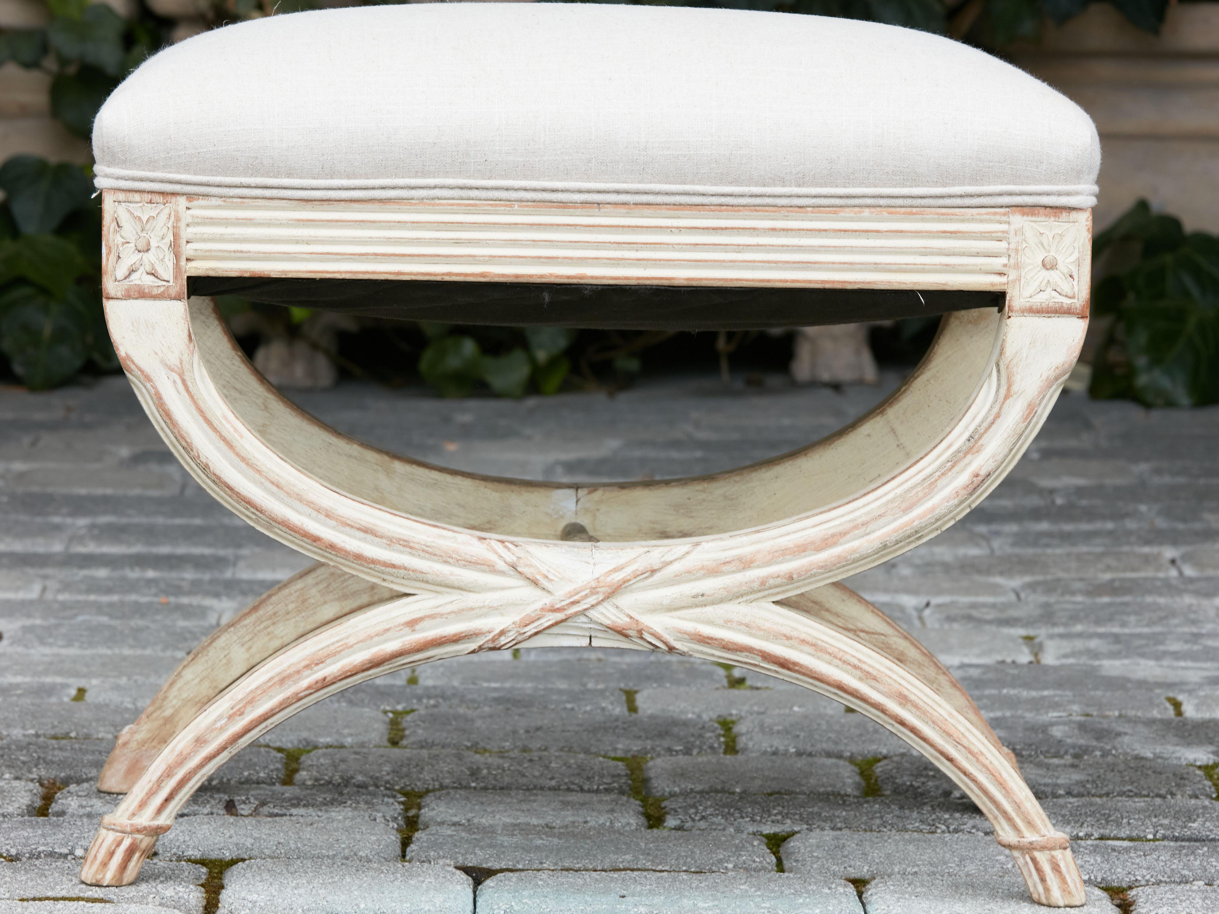 French Neoclassical Style 1930s Curule Stool with X-Form Base and Upholstery 4