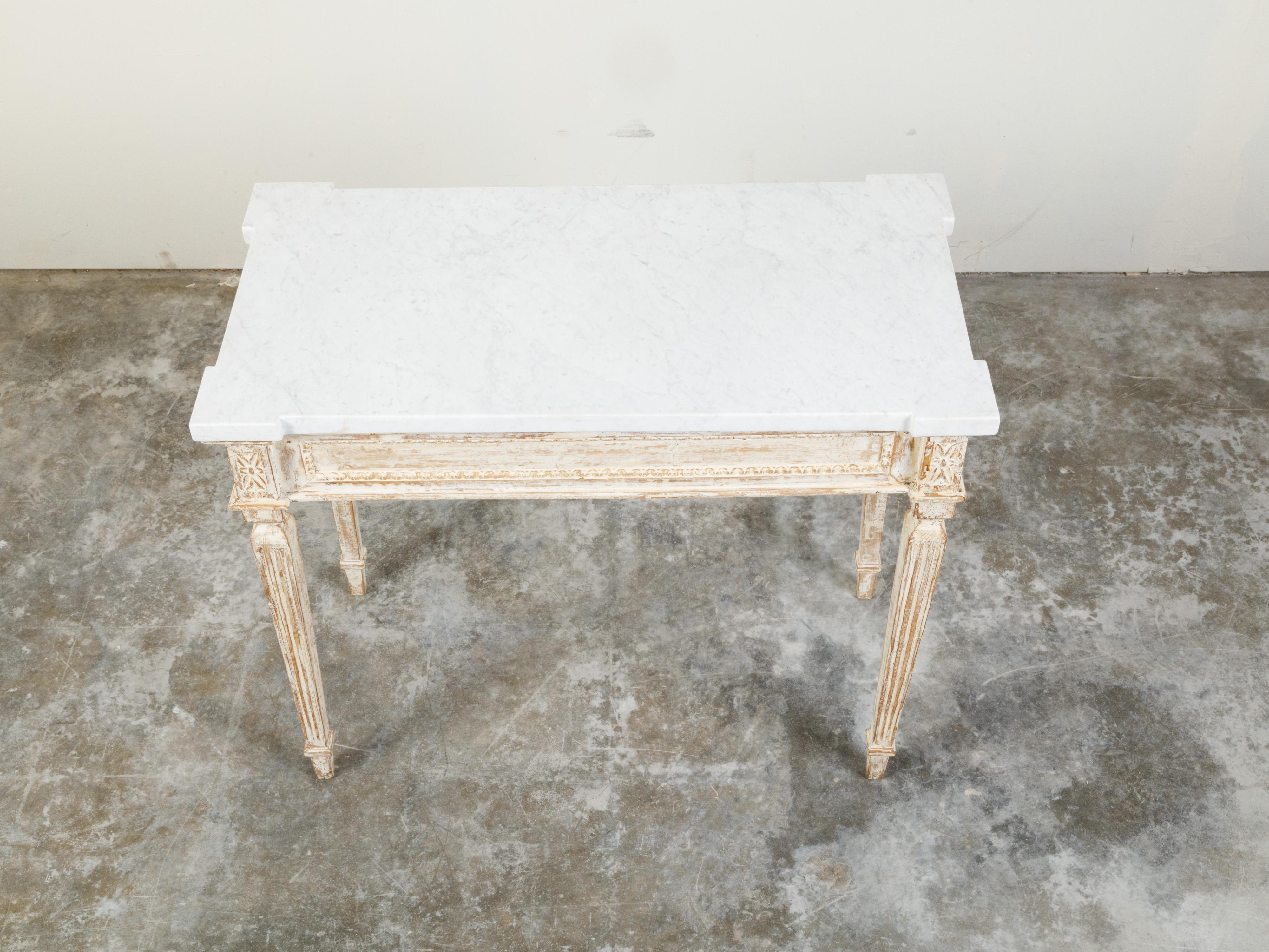 Carved French Neoclassical Style 19th Century Console Table with White Marble Top For Sale