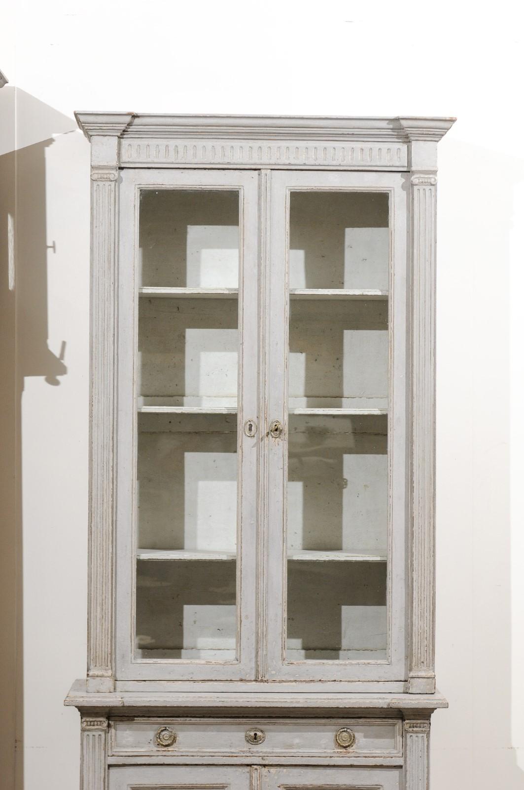 French Neoclassical Style 19th Century Grey Painted Bookcases with Glass Doors 6