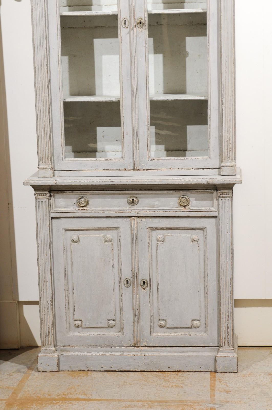 French Neoclassical Style 19th Century Grey Painted Bookcases with Glass Doors 7