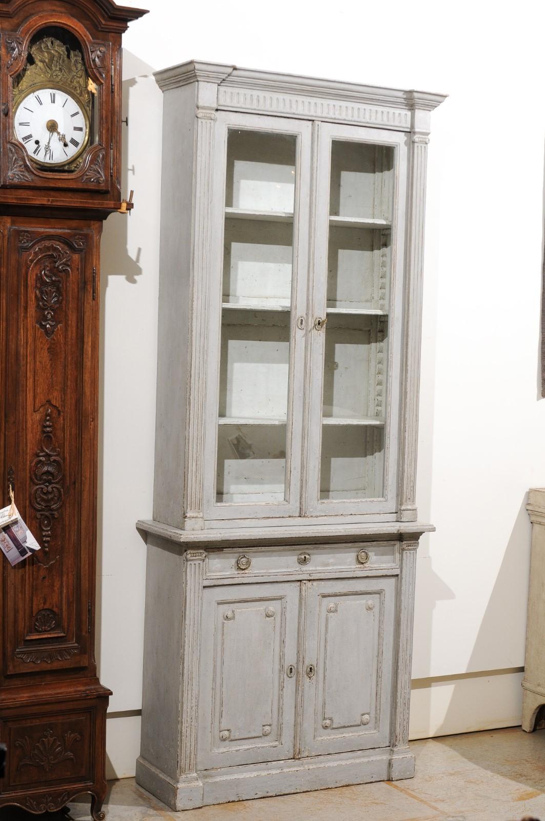 French Neoclassical Style 19th Century Grey Painted Bookcases with Glass Doors 8