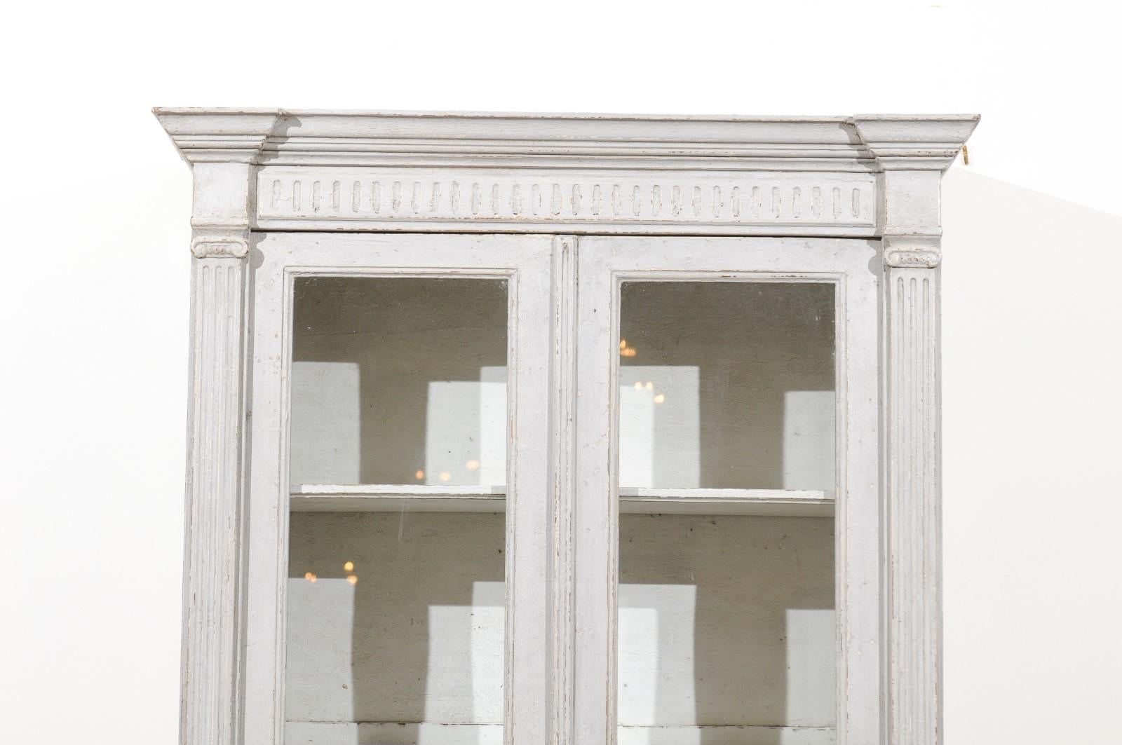 Carved French Neoclassical Style 19th Century Grey Painted Bookcases with Glass Doors
