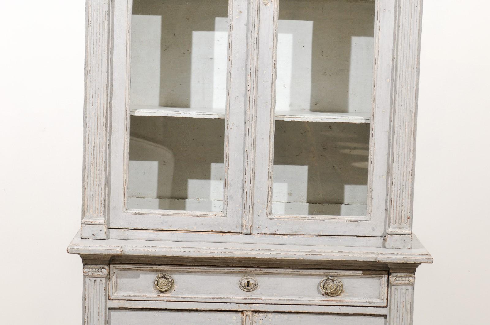 French Neoclassical Style 19th Century Grey Painted Bookcases with Glass Doors In Good Condition In Atlanta, GA