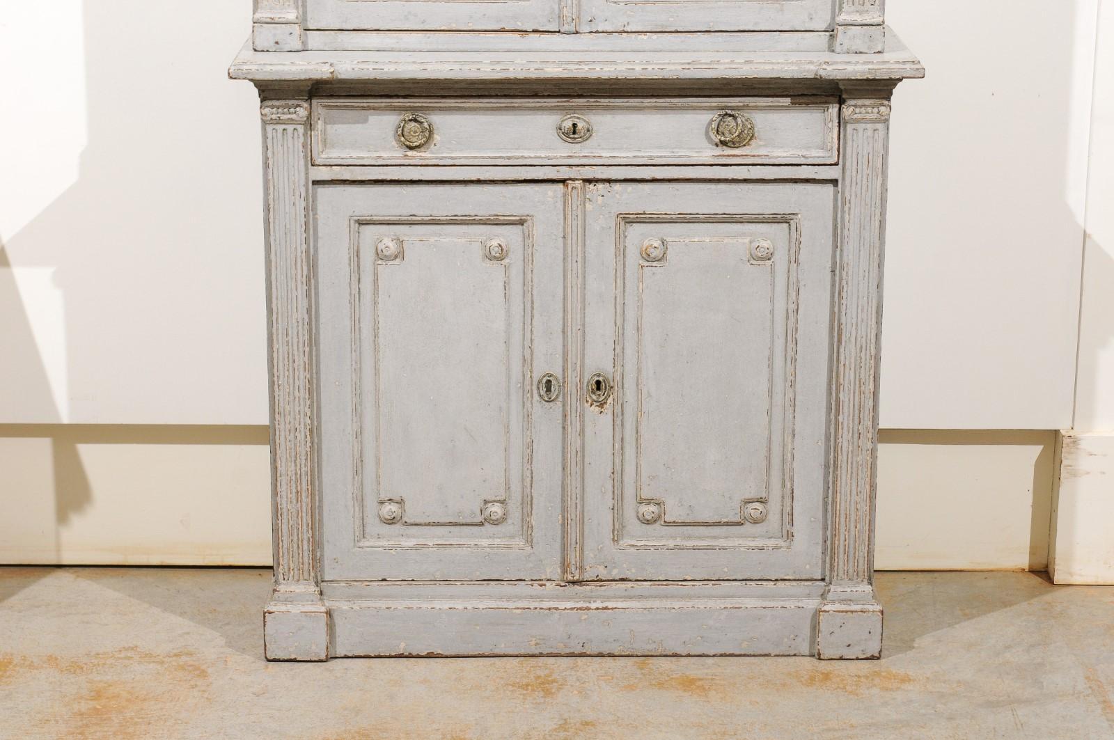 French Neoclassical Style 19th Century Grey Painted Bookcases with Glass Doors 1