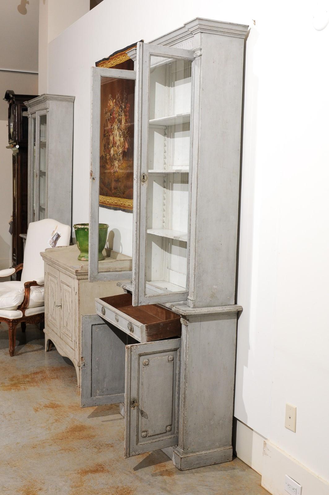 French Neoclassical Style 19th Century Grey Painted Bookcases with Glass Doors 3