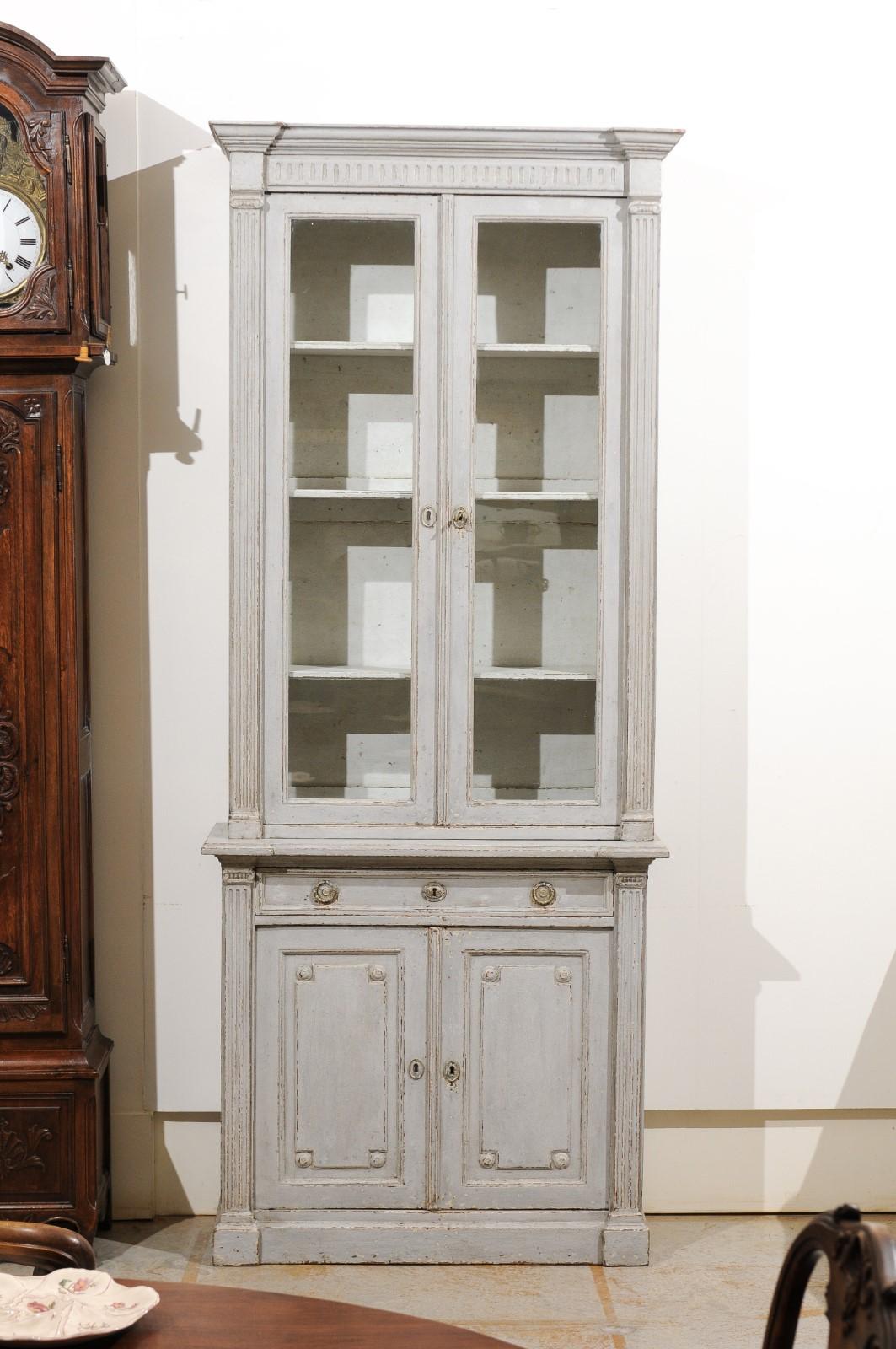 French Neoclassical Style 19th Century Grey Painted Bookcases with Glass Doors 5