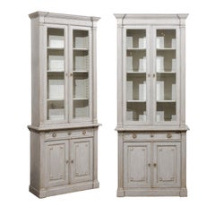 Antique French Neoclassical Style 19th Century Grey Painted Bookcases with Glass Doors