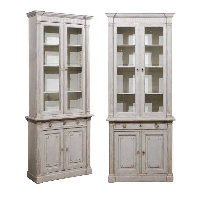 French Neoclassical Style 19th Century Grey Painted Bookcases with