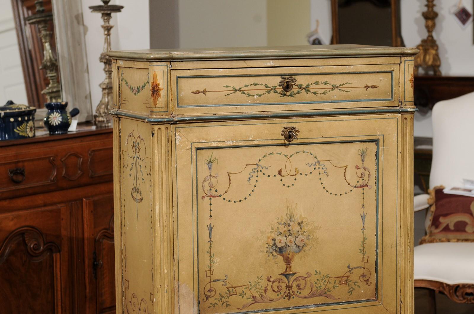 Painted French Neoclassical Style 19th Century Secrétaire with Arabesques and Flowers