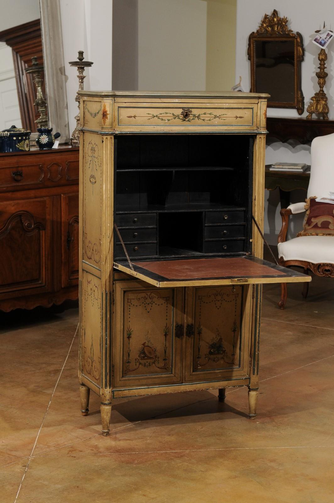 Wood French Neoclassical Style 19th Century Secrétaire with Arabesques and Flowers