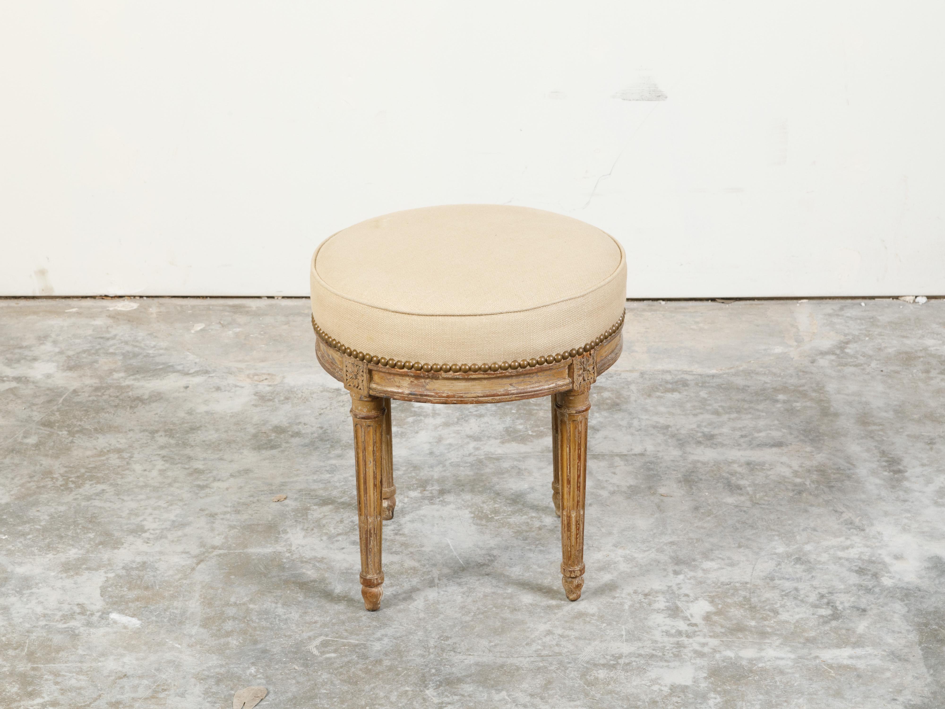Turned French Neoclassical Style 19th Century Stool with Fluted Legs and New Upholstery For Sale