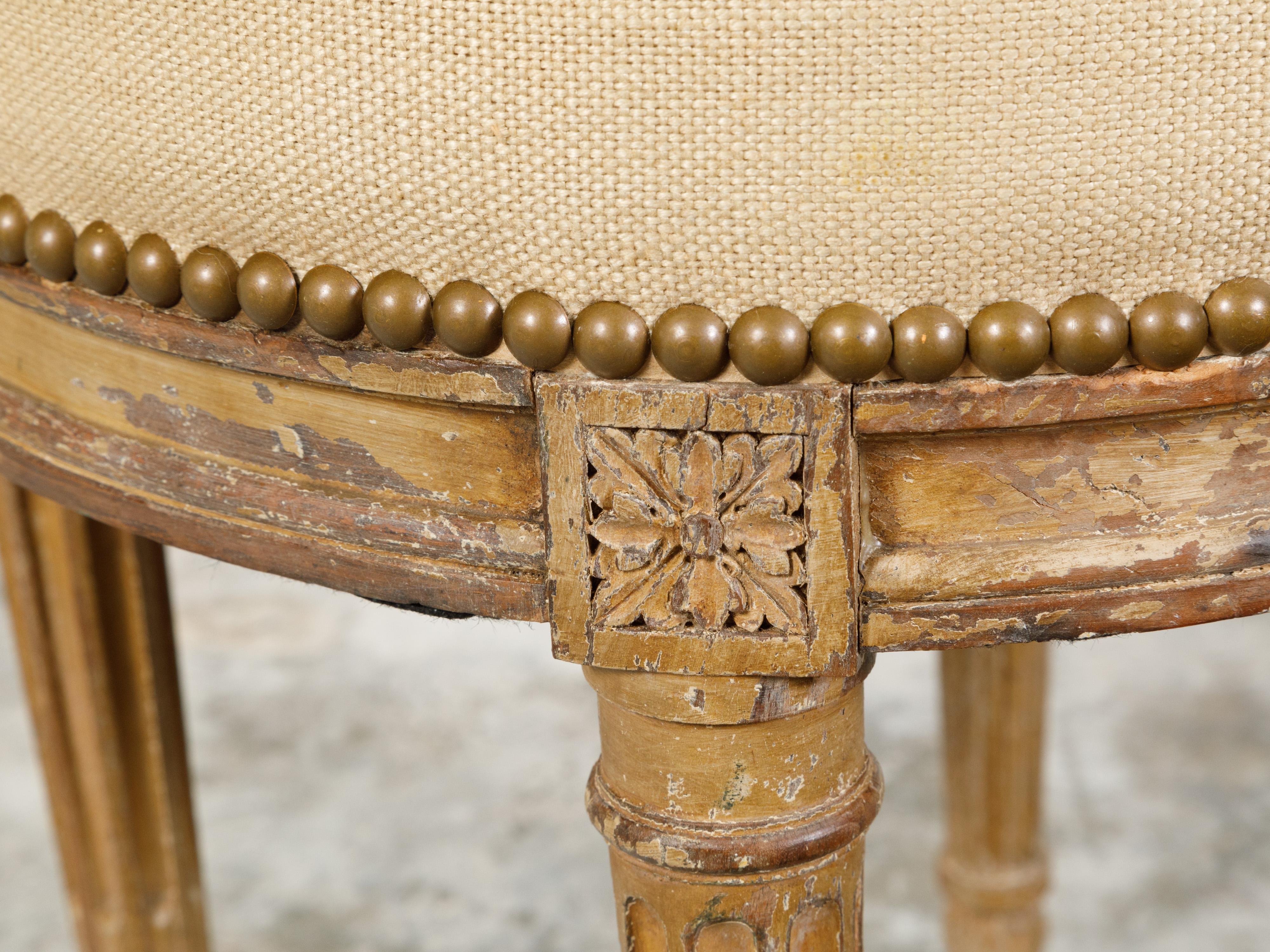 Fabric French Neoclassical Style 19th Century Stool with Fluted Legs and New Upholstery For Sale