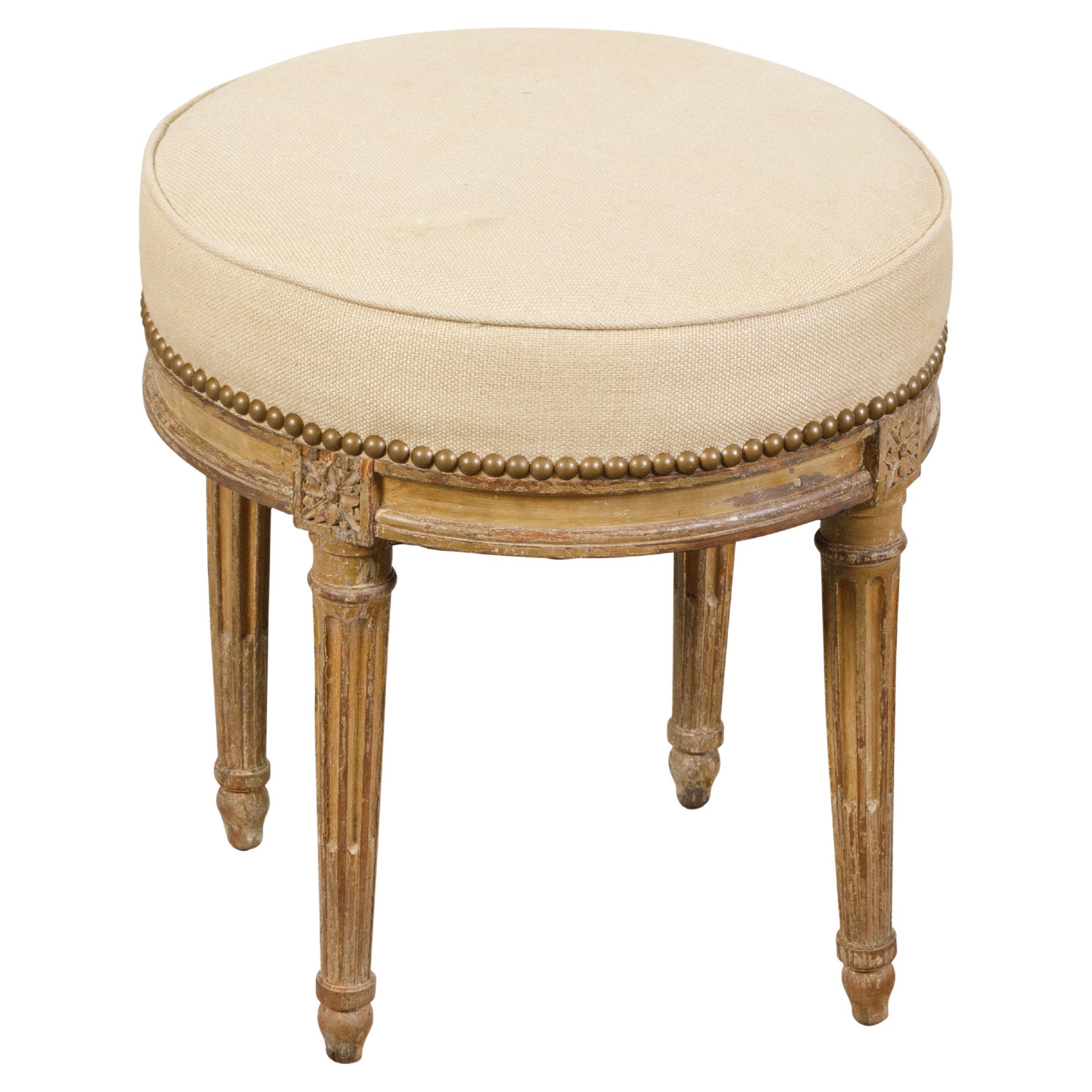 French Neoclassical Style 19th Century Stool with Fluted Legs and New Upholstery