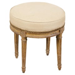 Antique French Neoclassical Style 19th Century Stool with Fluted Legs and New Upholstery