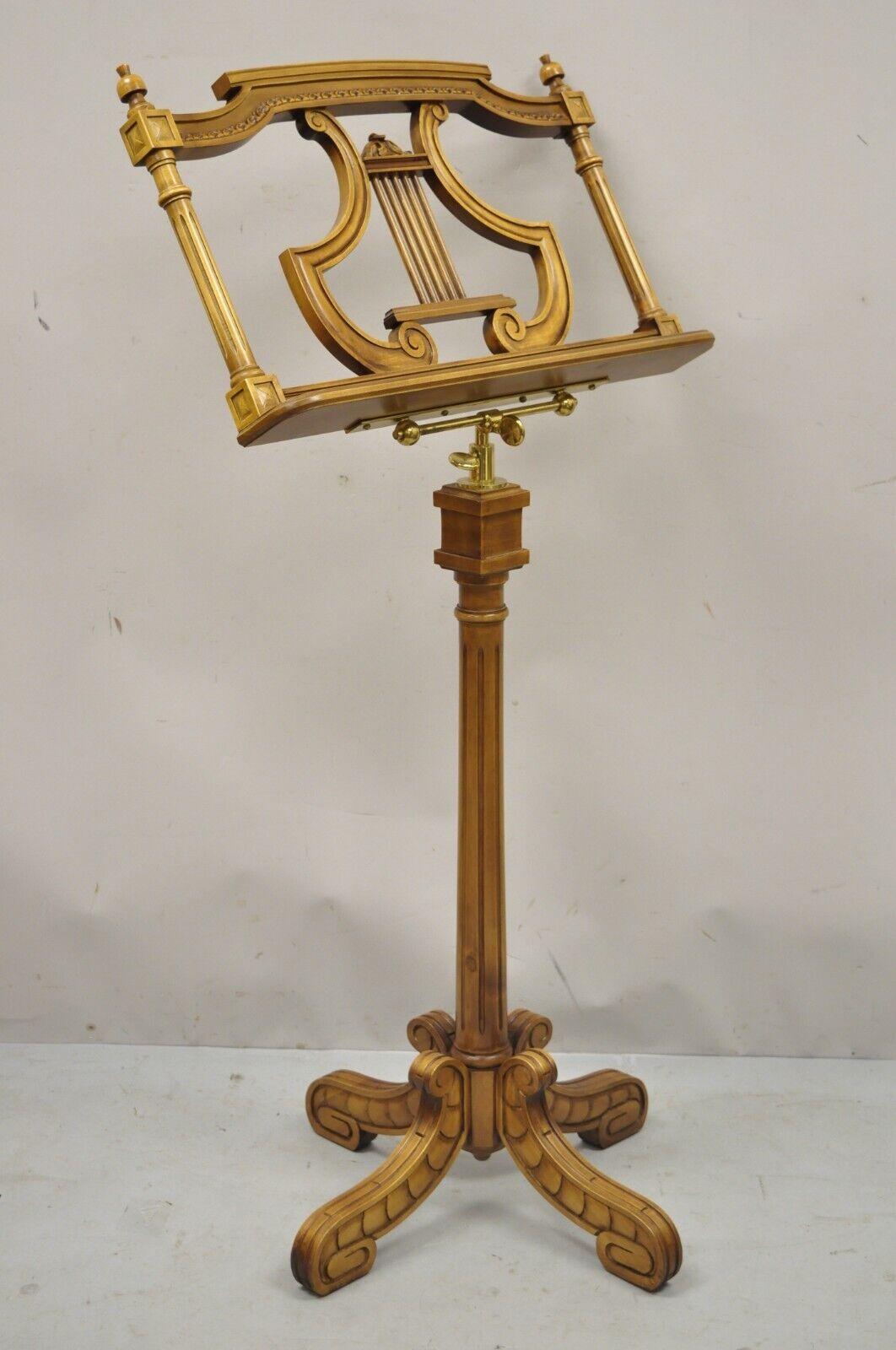 Vintage French Neoclassical Style Adjustable Lyre Harp Form Wooden Music Lectern Stand. Item features adjustable height, lyre harp form lectern stand, solid wood frame, beautiful wood grain, nicely carved details, solid brass hardware. Height