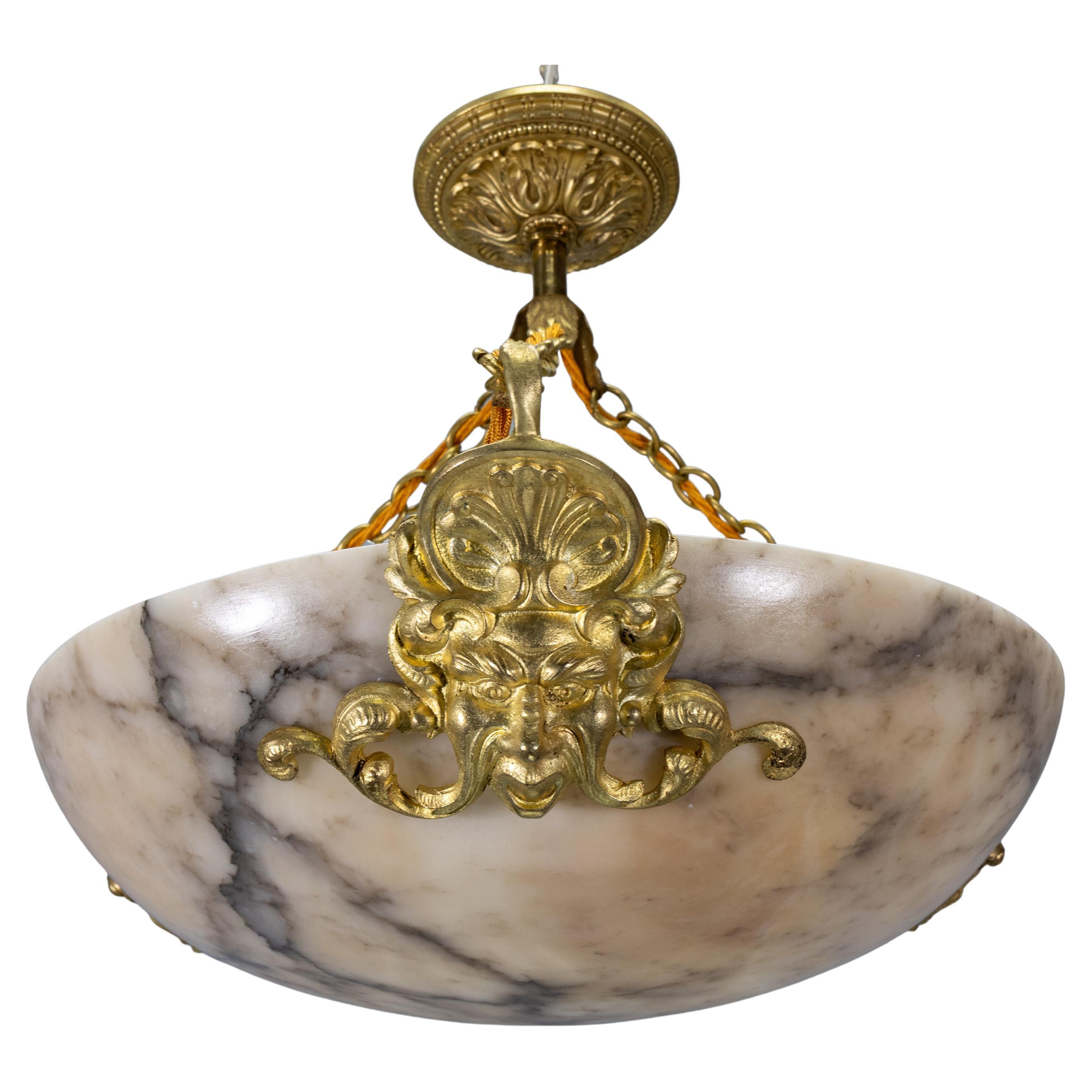 French Neoclassical Style Alabaster and Bronze Pendant Chandelier, 1920