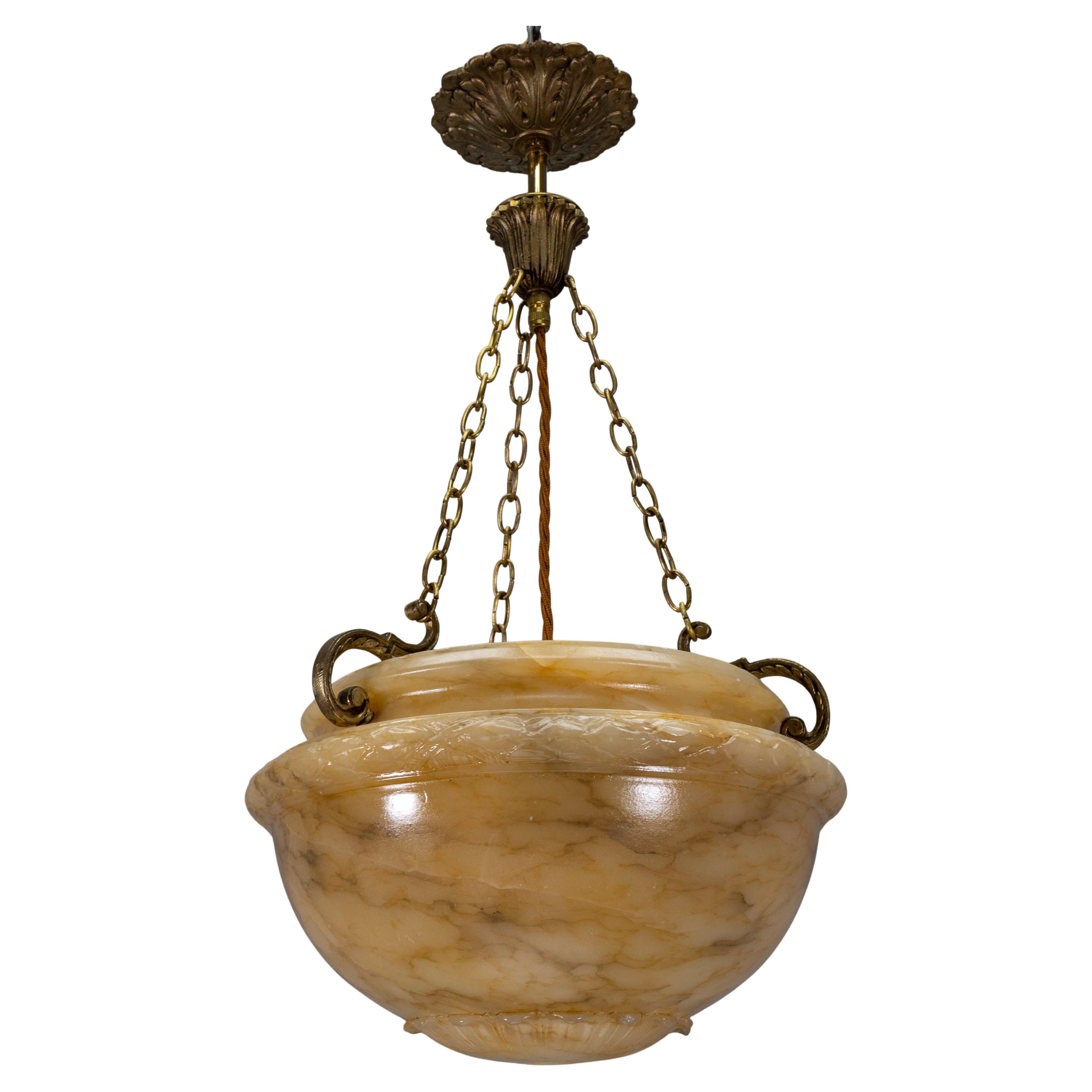 French Neoclassical Style Alabaster and Bronze Pendant Light, 1920