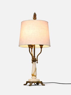 French Neoclassical Style Alabaster & Brass Three-Arm Candelabra Table Lamp