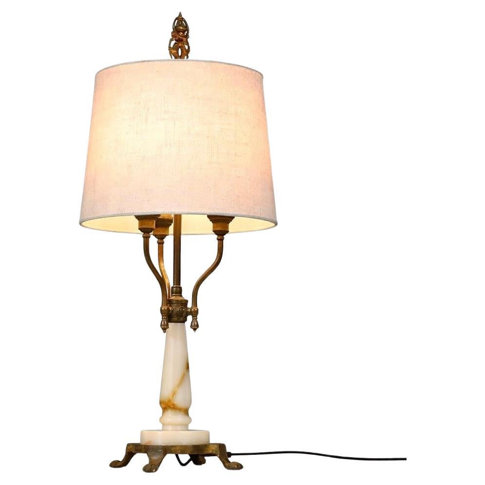 French Neoclassical Style Alabaster & Brass Three-Arm Candelabra Table Lamp For Sale
