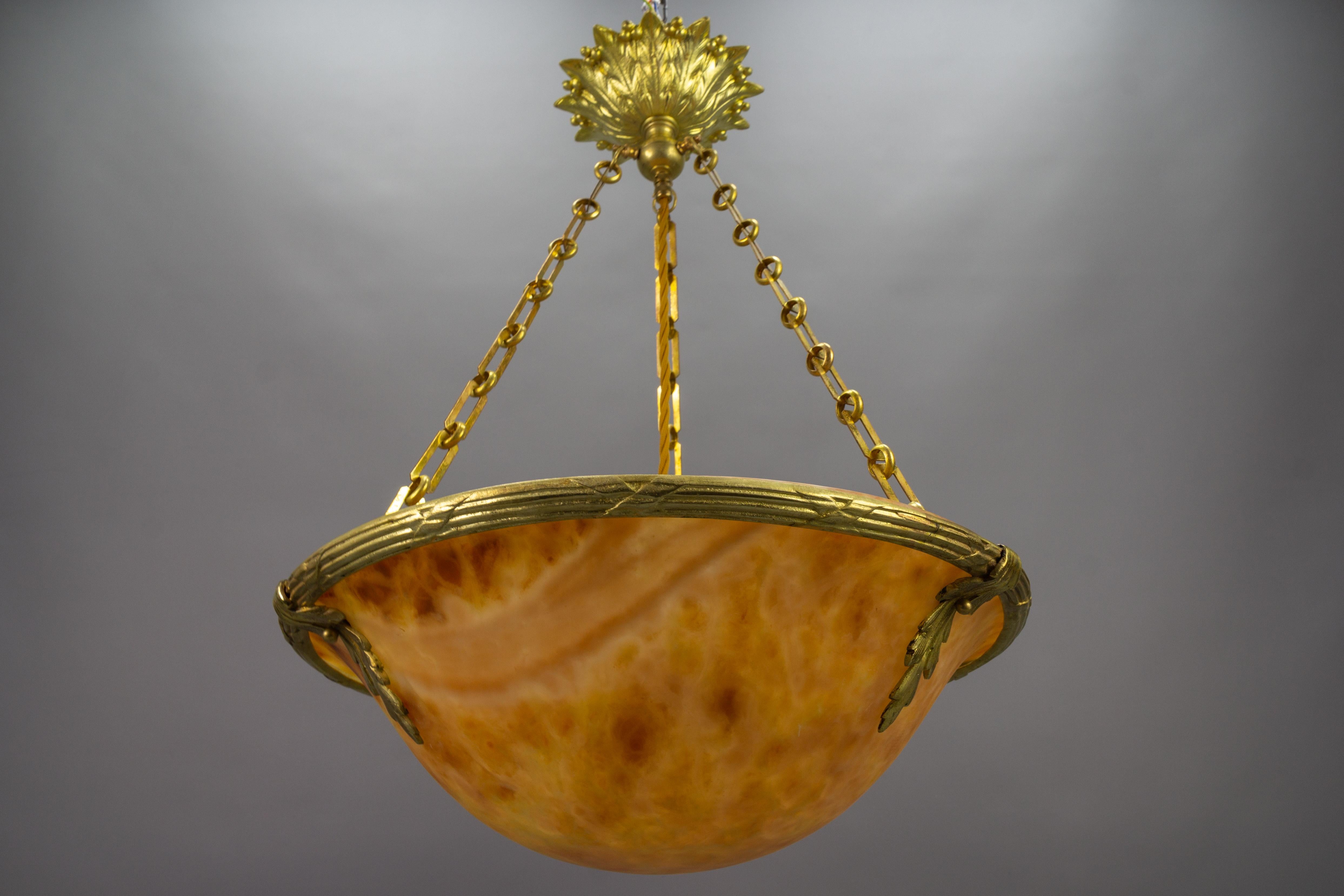 French Amber Color Alabaster and Bronze Pendant Chandelier, circa 1920 For Sale 5