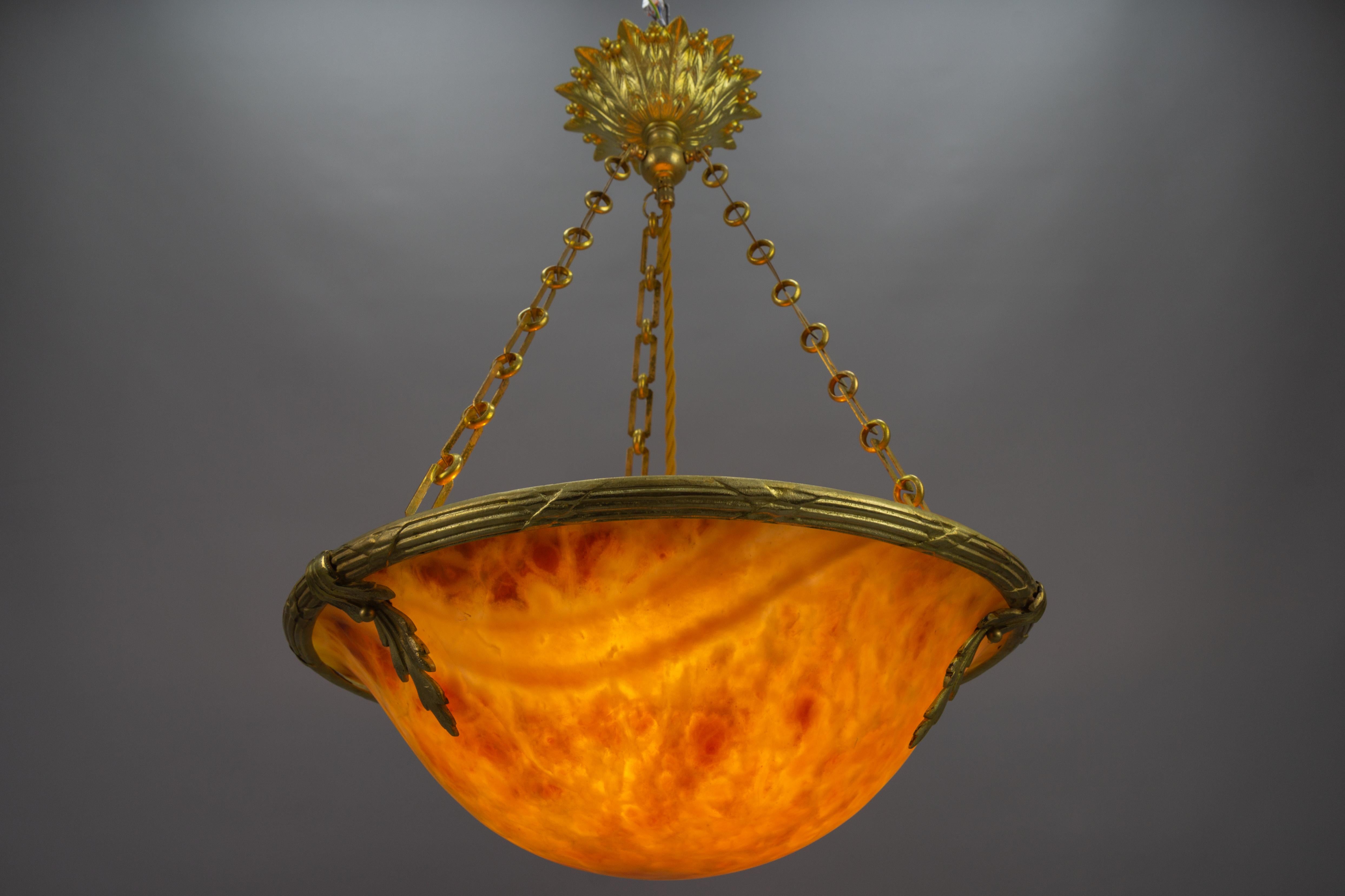 French Amber Color Alabaster and Bronze Pendant Chandelier, circa 1920 For Sale 6
