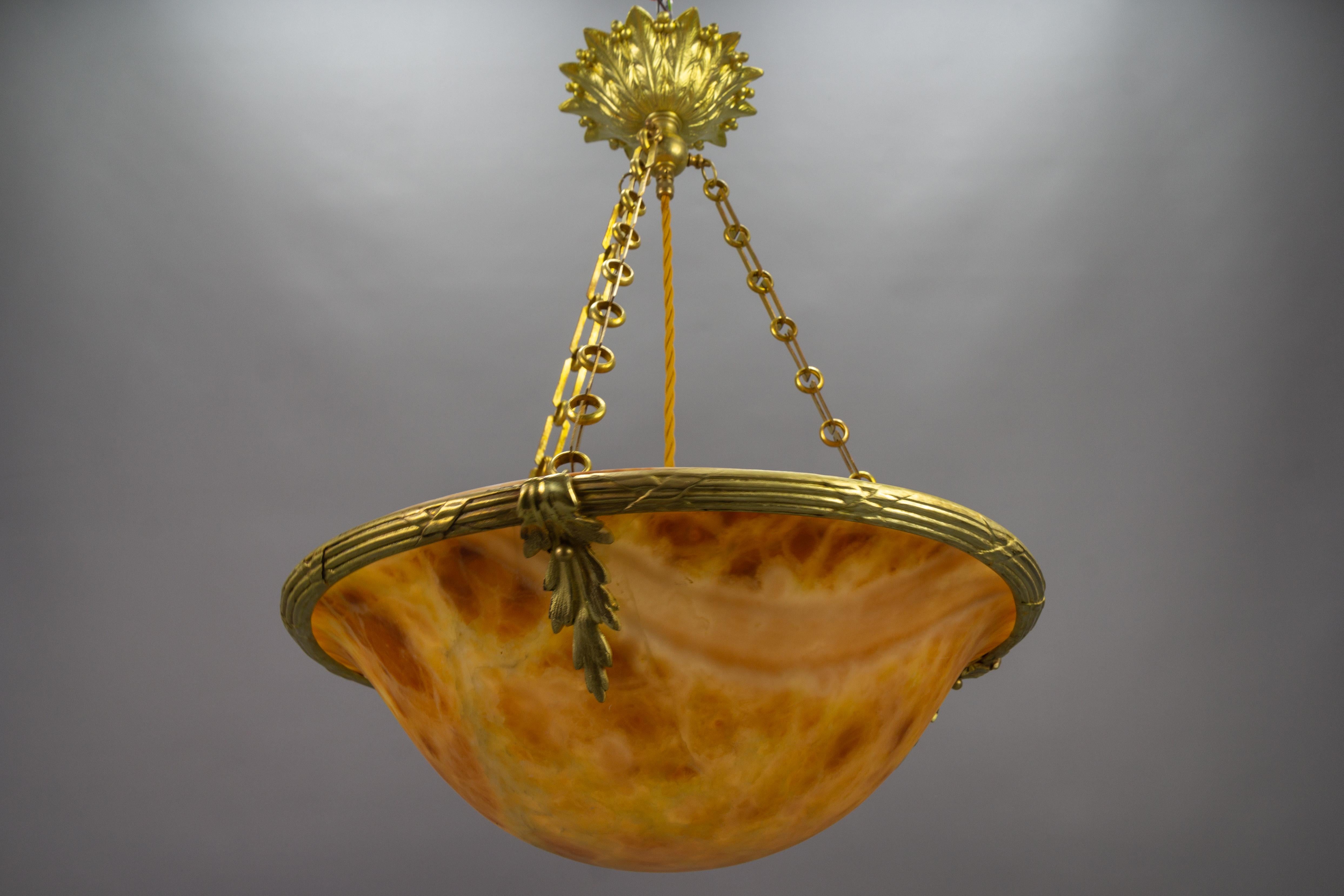 French Amber Color Alabaster and Bronze Pendant Chandelier, circa 1920 For Sale 7