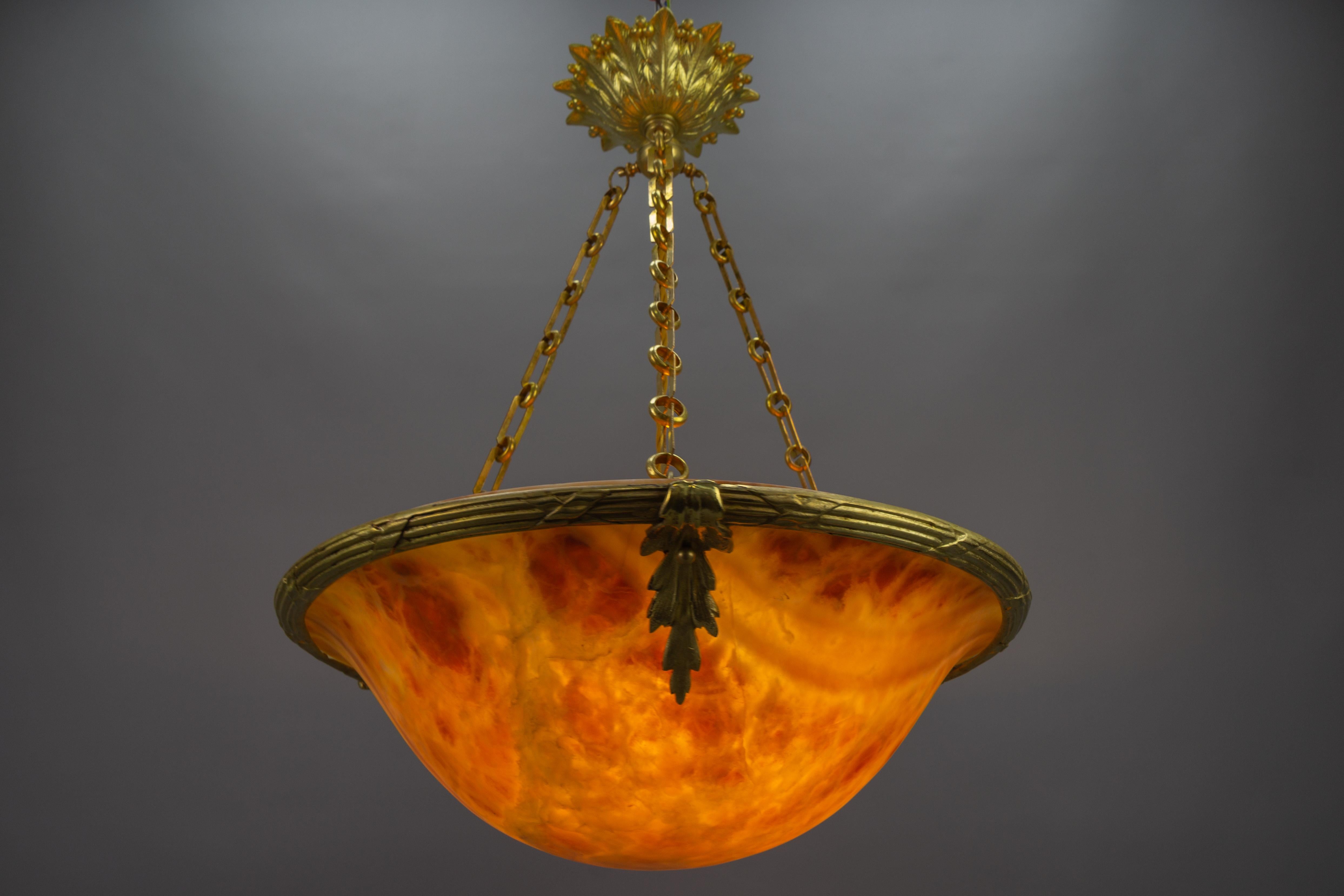 French Amber Color Alabaster and Bronze Pendant Chandelier, circa 1920 For Sale 8