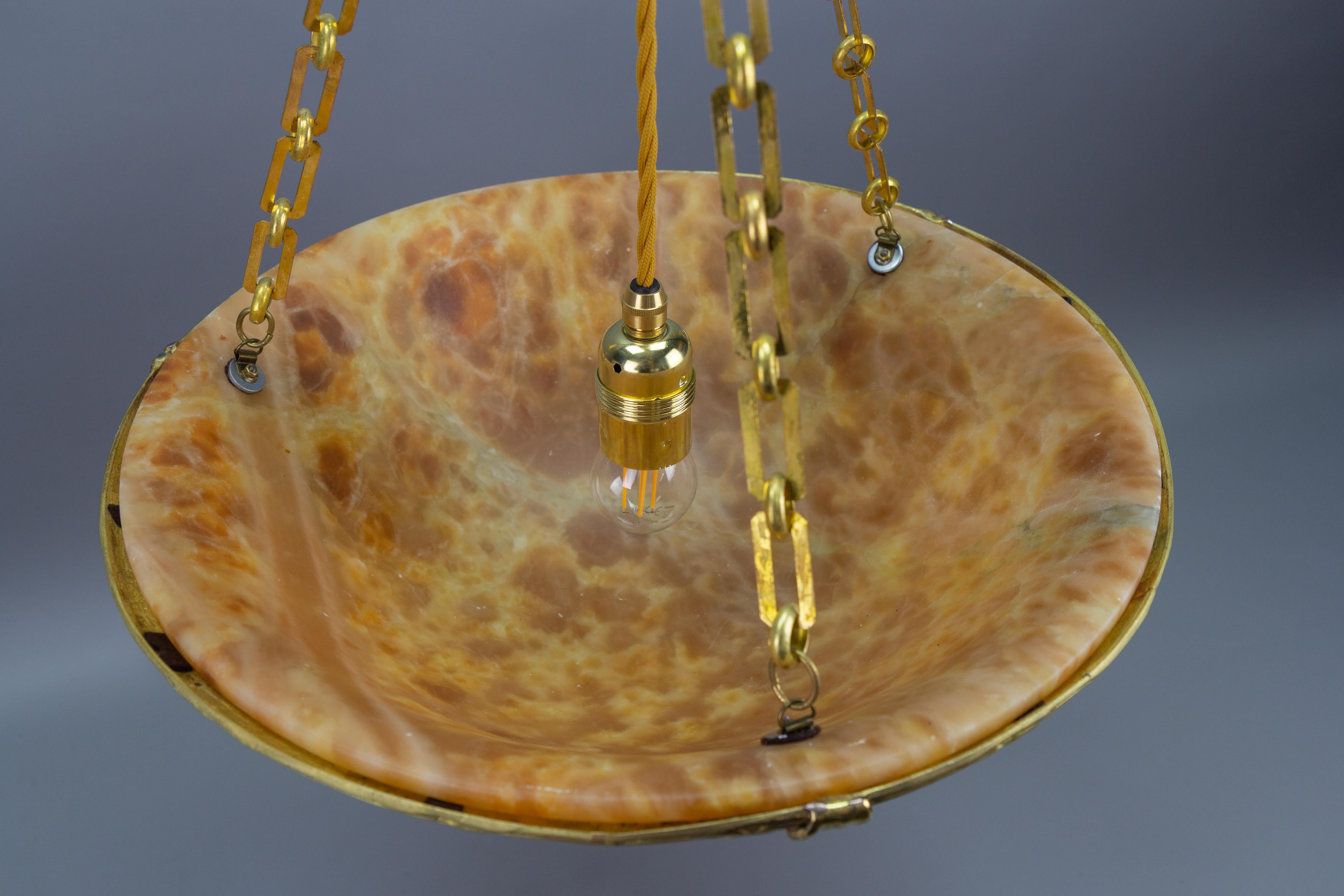 French Amber Color Alabaster and Bronze Pendant Chandelier, circa 1920 For Sale 9