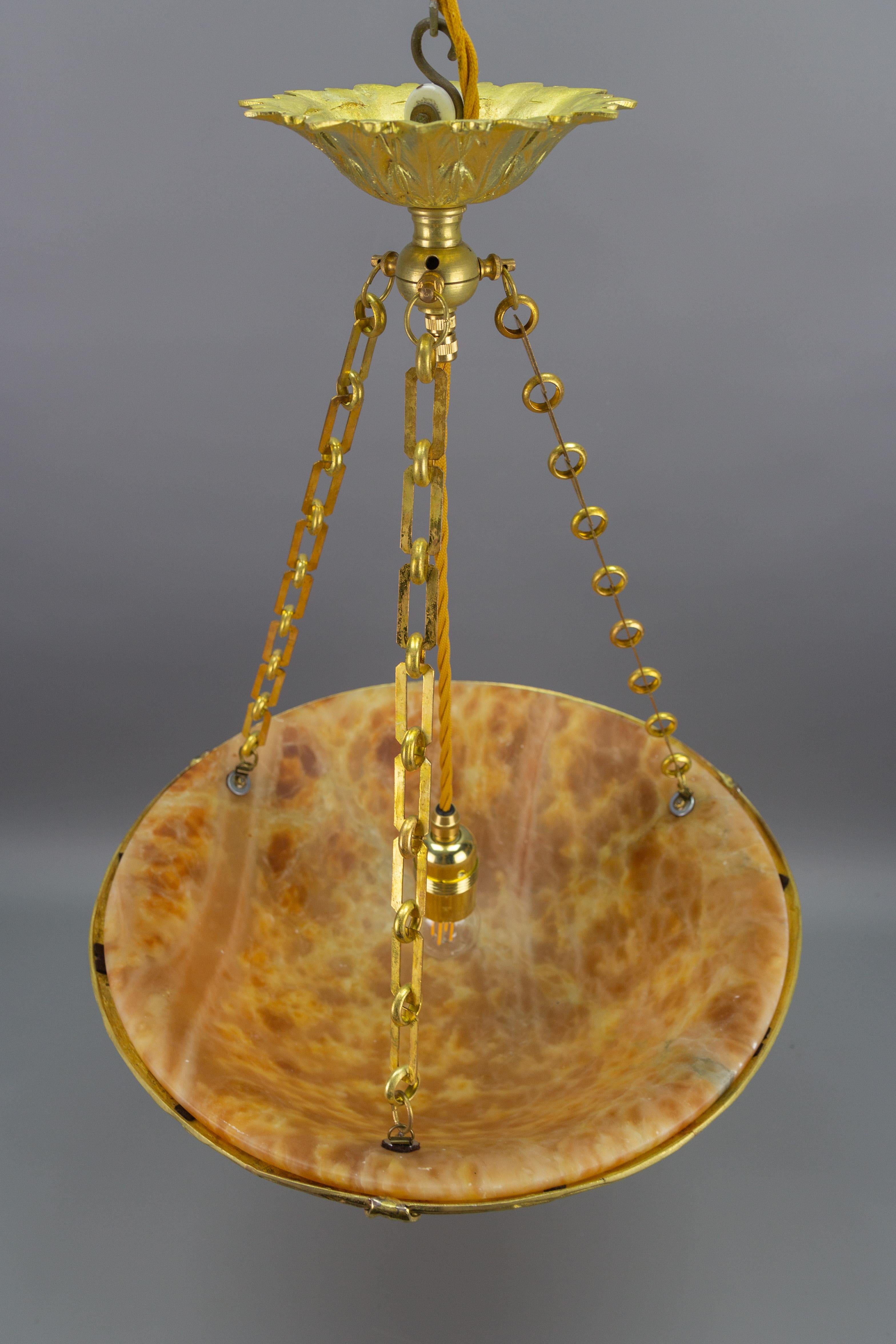French Amber Color Alabaster and Bronze Pendant Chandelier, circa 1920 For Sale 10