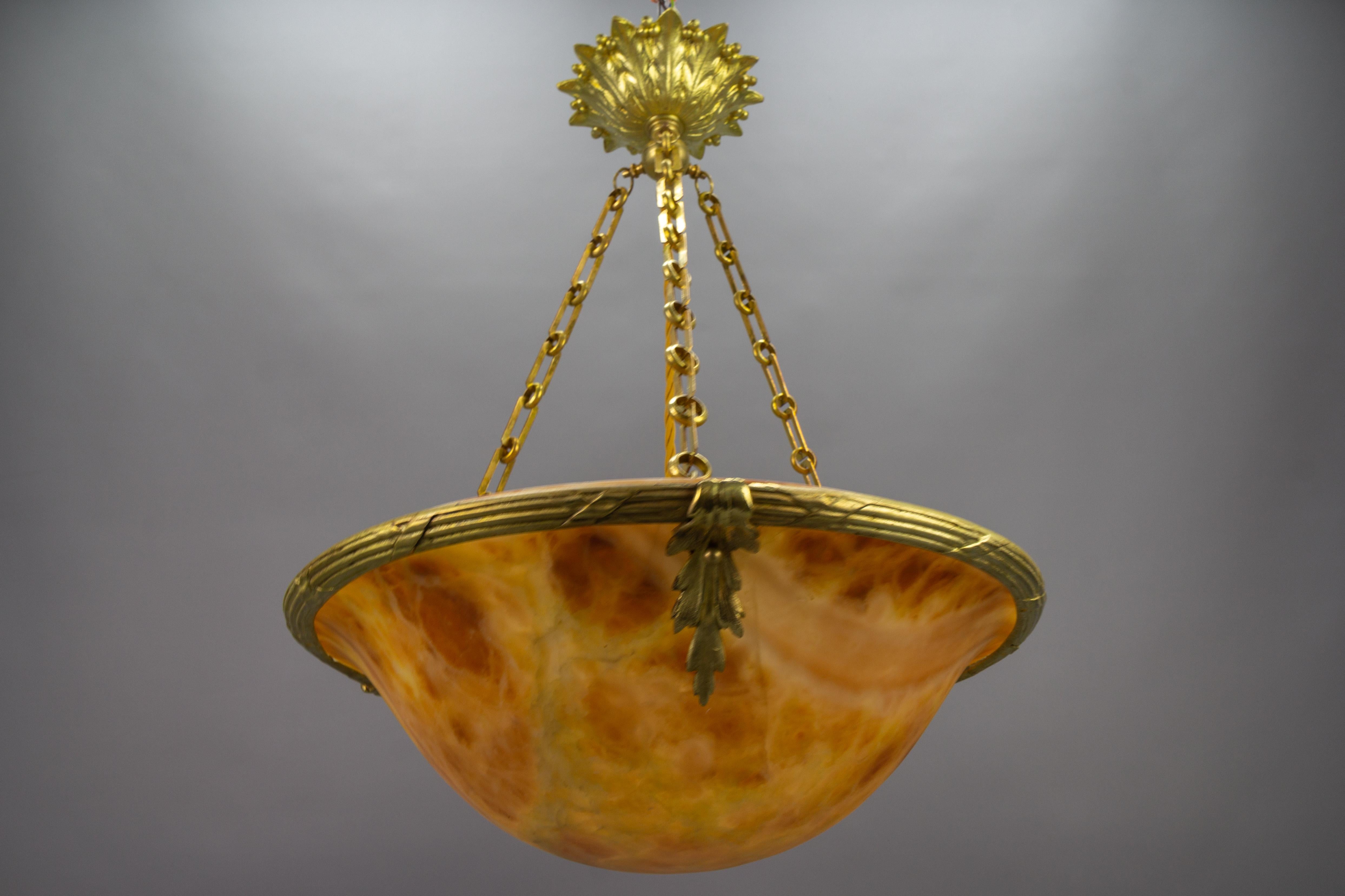 French Amber Color Alabaster and Bronze Pendant Chandelier, circa 1920 For Sale 13