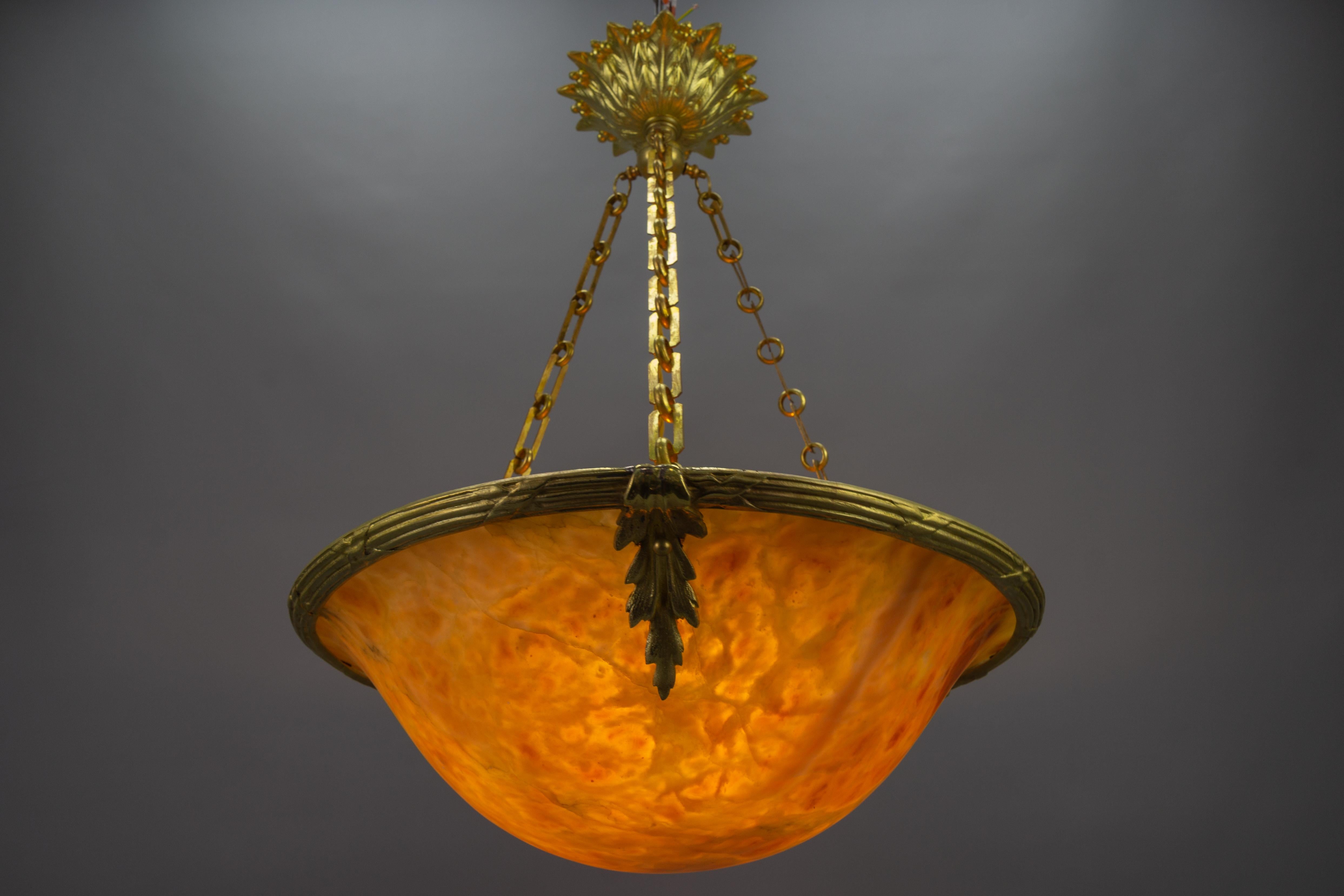 French Amber Color Alabaster and Bronze Pendant Chandelier, circa 1920 For Sale 1