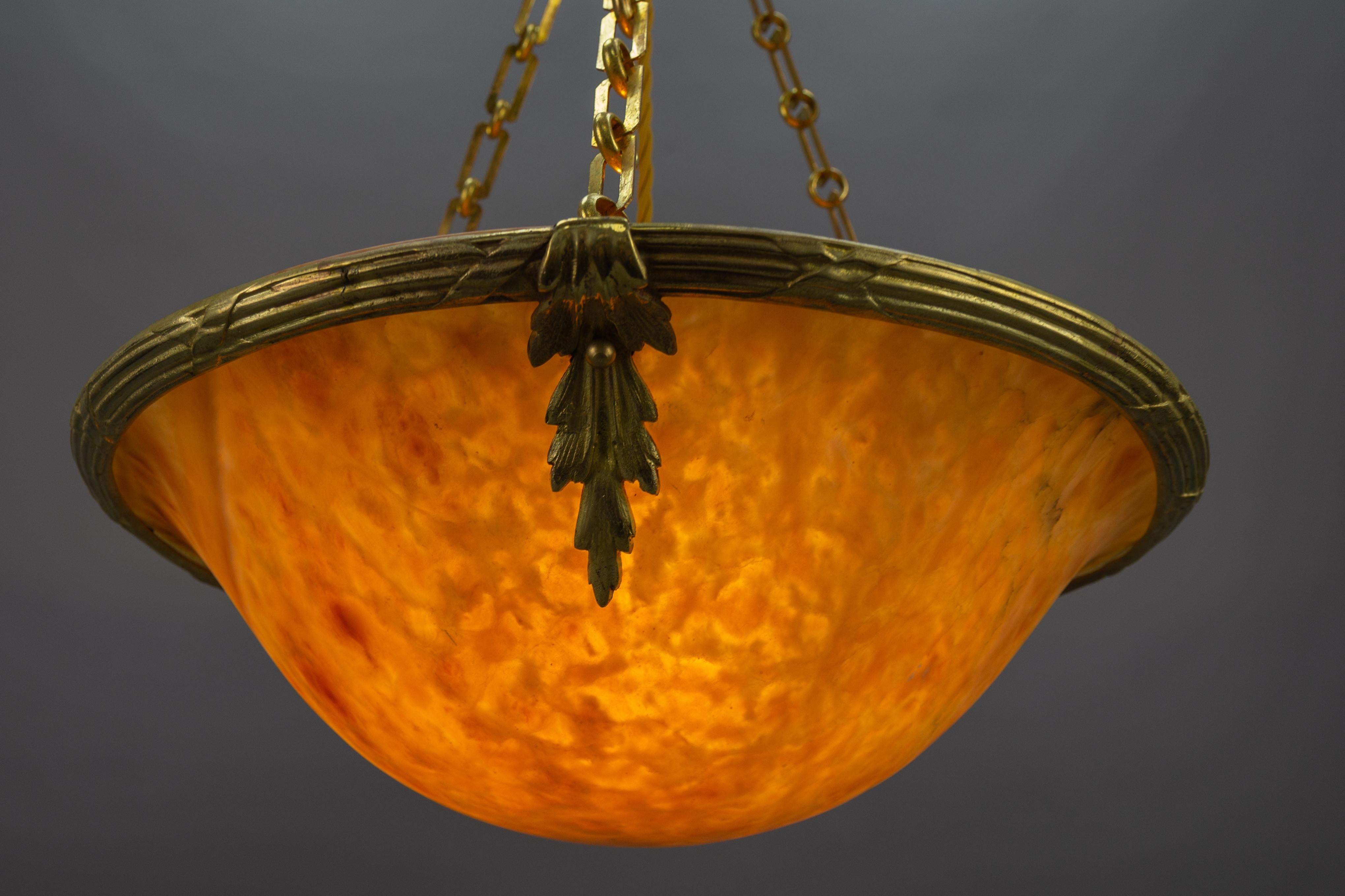 French Amber Color Alabaster and Bronze Pendant Chandelier, circa 1920 For Sale 2