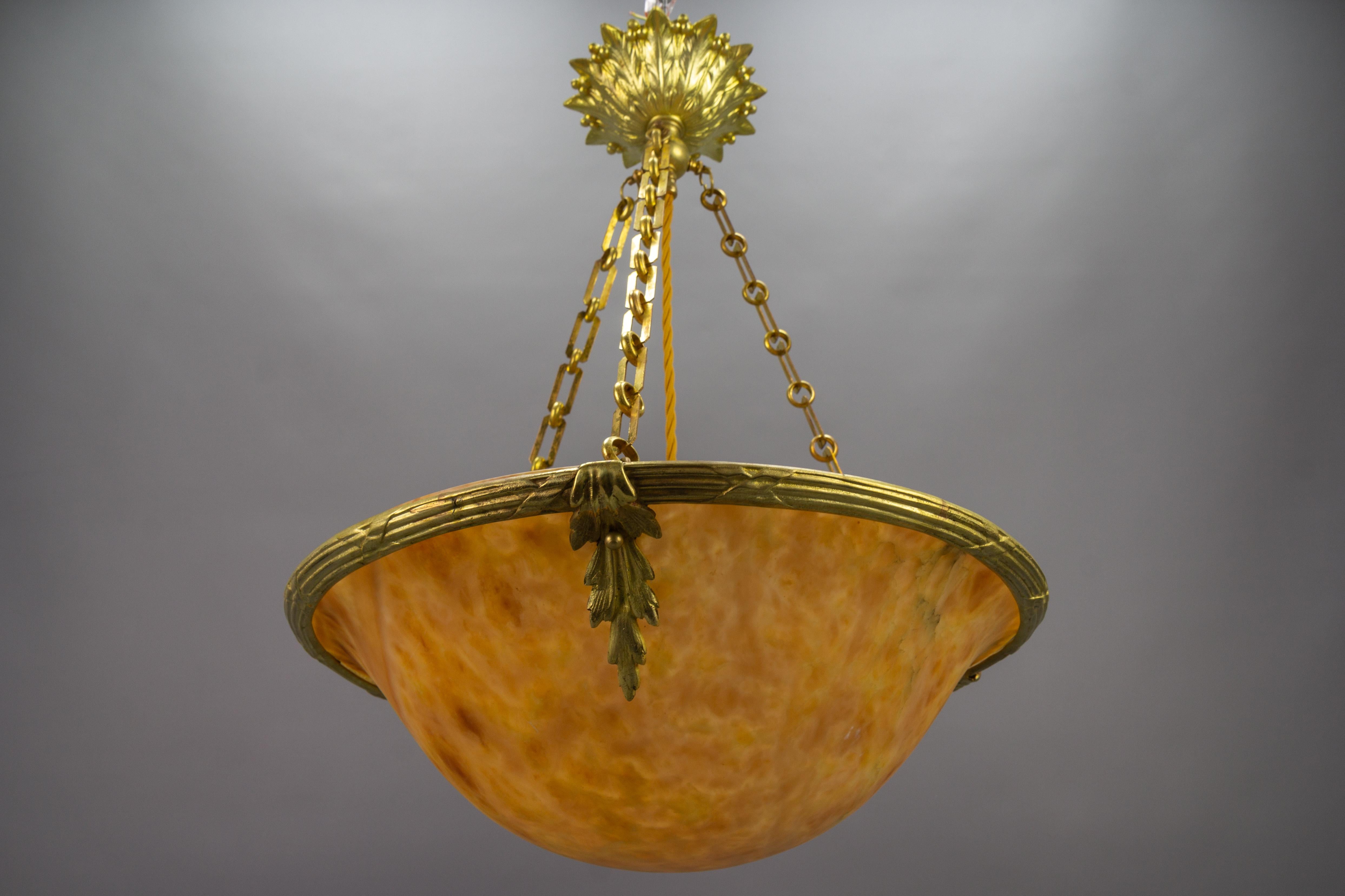 French Amber Color Alabaster and Bronze Pendant Chandelier, circa 1920 For Sale 4