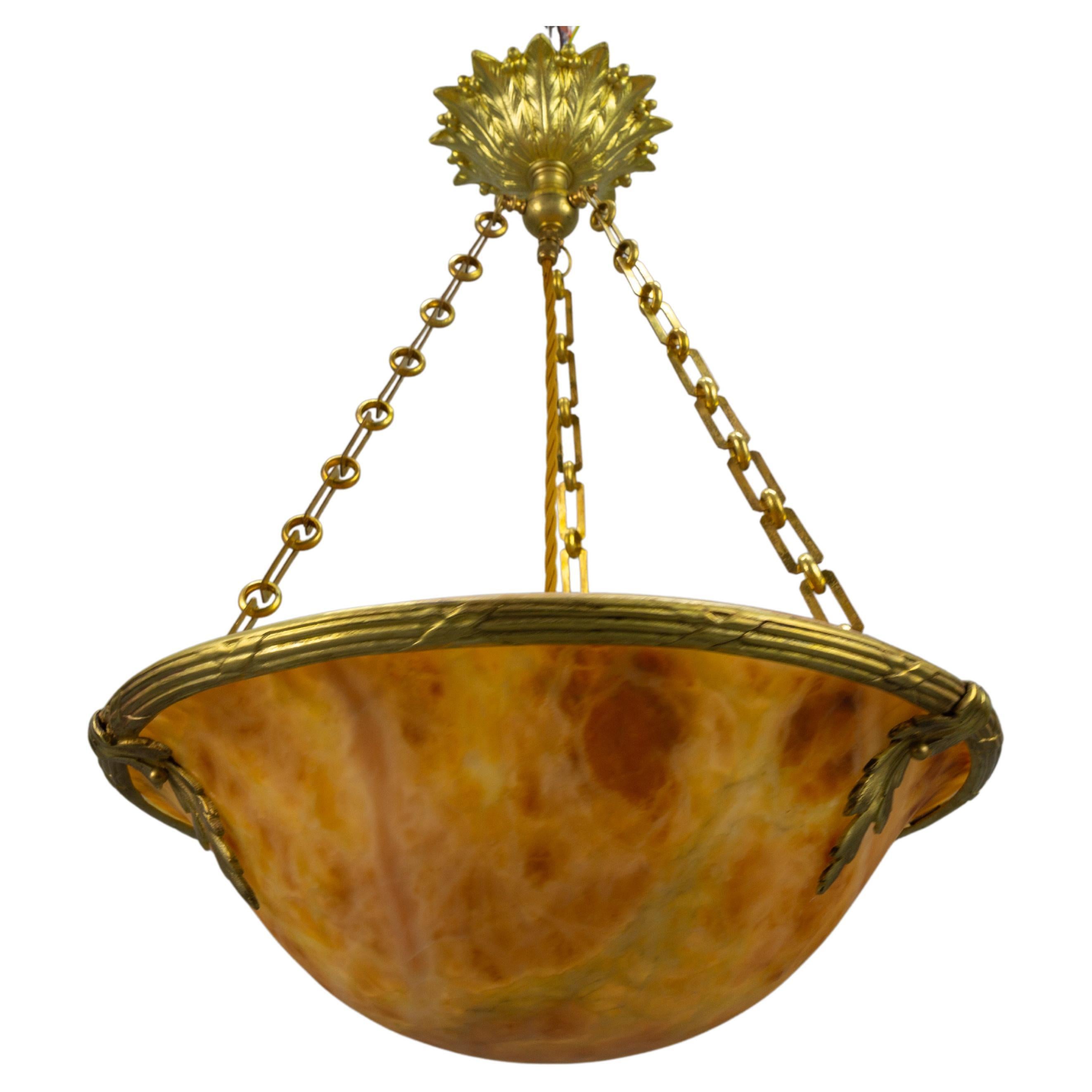 French Amber Color Alabaster and Bronze Pendant Chandelier, circa 1920